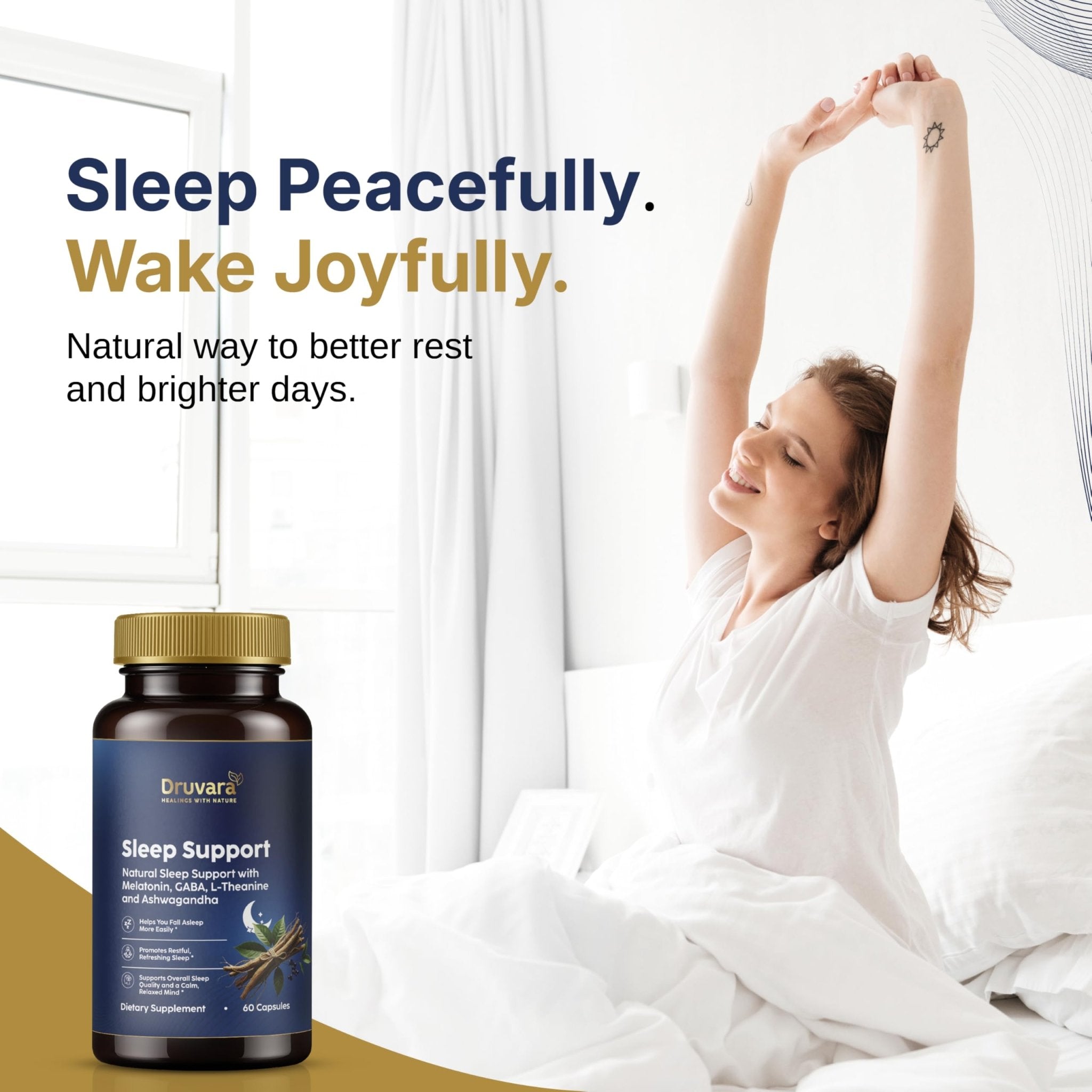 Druvara Natural Sleep Aid for Adults with Melatonin, GABA, L-Theanine & Ashwagandha, Natural Sleep Supplement for Deep, Restful Sleep - 60 Capsules - TrustMedUSA