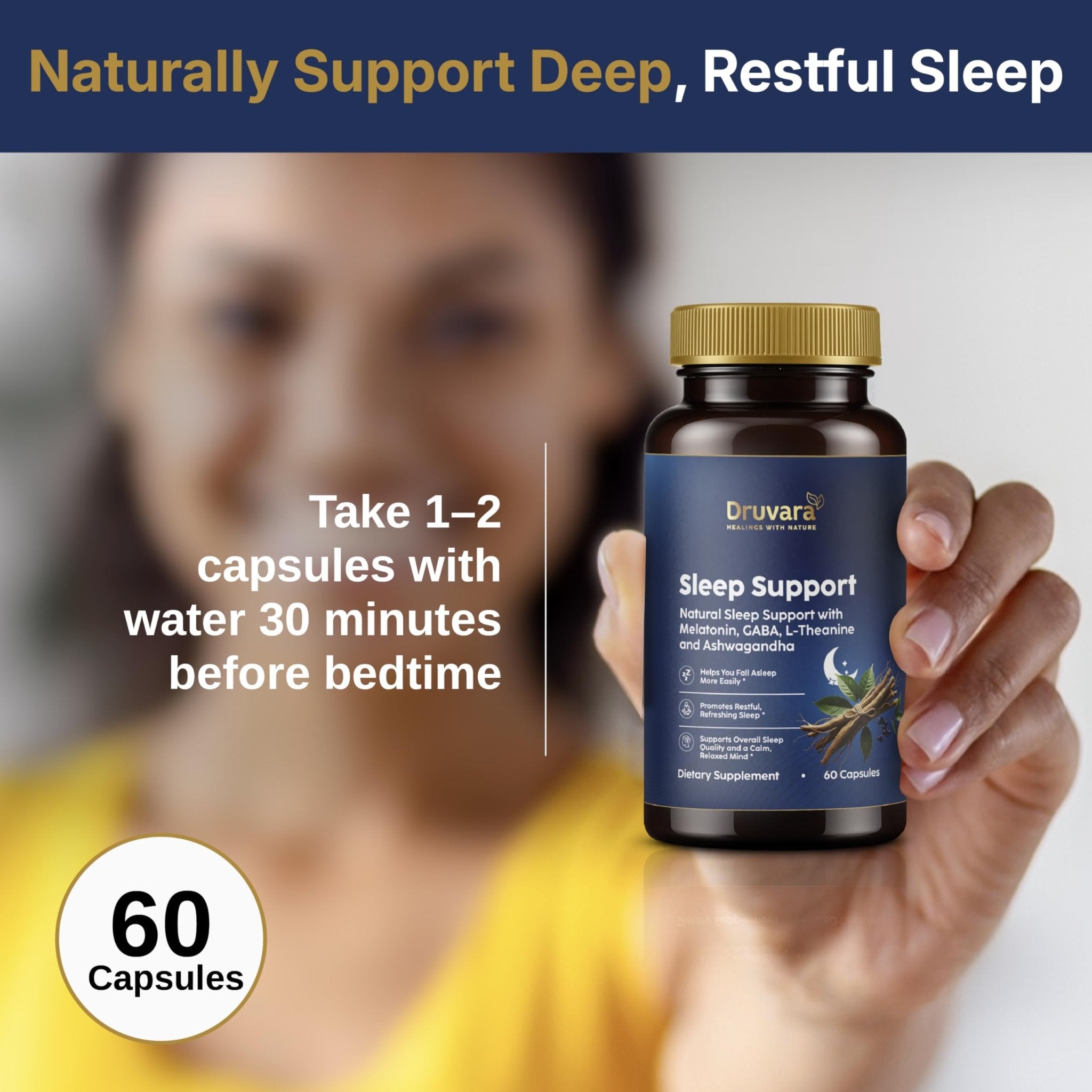Druvara Natural Sleep Aid for Adults with Melatonin, GABA, L-Theanine & Ashwagandha, Natural Sleep Supplement for Deep, Restful Sleep - 60 Capsules - TrustMedUSA