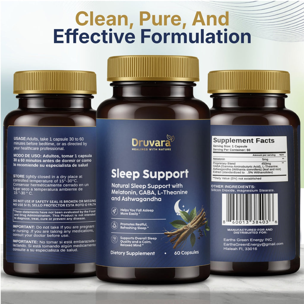 Druvara Natural Sleep Aid for Adults with Melatonin, GABA, L-Theanine & Ashwagandha, Natural Sleep Supplement for Deep, Restful Sleep - 60 Capsules - TrustMedUSA