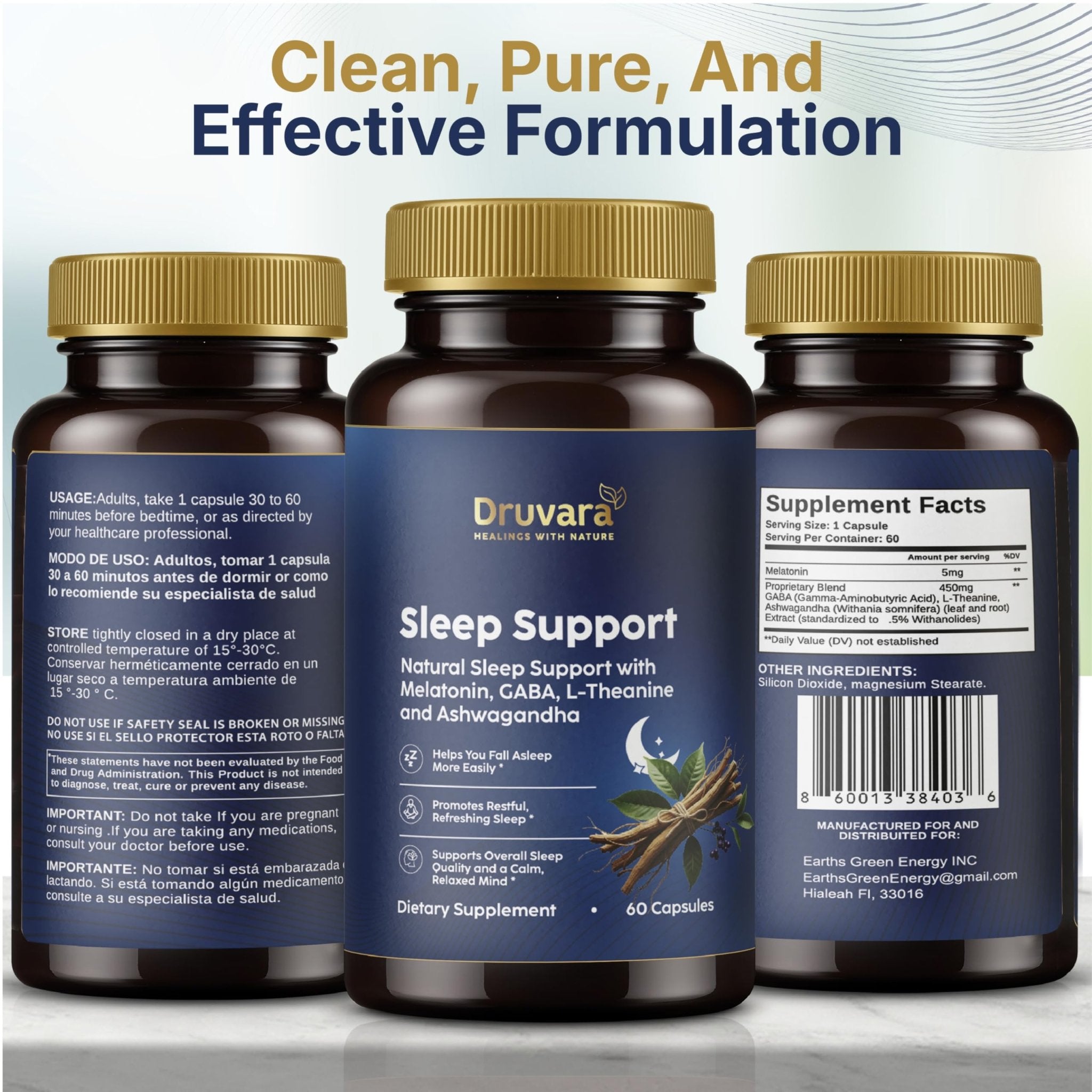 Druvara Natural Sleep Aid for Adults with Melatonin, GABA, L-Theanine & Ashwagandha, Natural Sleep Supplement for Deep, Restful Sleep - 60 Capsules - TrustMedUSA
