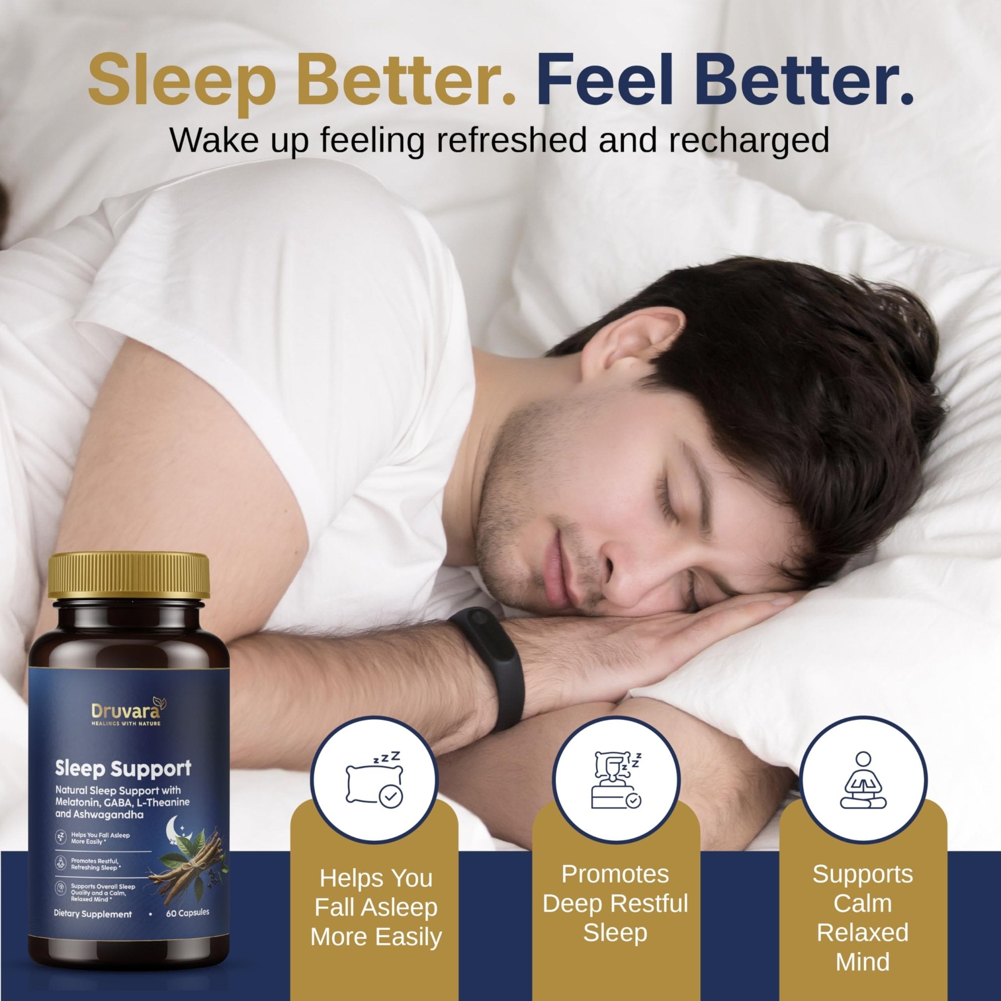 Druvara Natural Sleep Aid for Adults with Melatonin, GABA, L-Theanine & Ashwagandha, Natural Sleep Supplement for Deep, Restful Sleep - 60 Capsules - TrustMedUSA