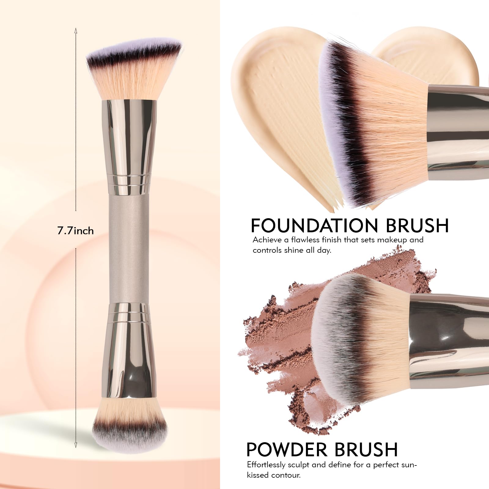 Dual-Ended Foundation Brush: Round & Angled Pro-Grade makeup brushes, 100% Vegan Synthetic Makeup Brush for Flawless Blending and Application of Liquid, Powder, Cream, Blush - TrustMedUSA