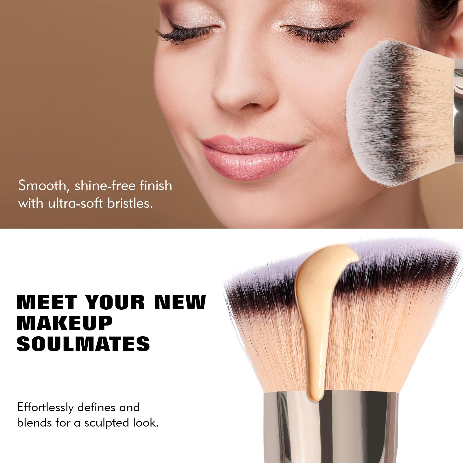 Dual-Ended Foundation Brush: Round & Angled Pro-Grade makeup brushes, 100% Vegan Synthetic Makeup Brush for Flawless Blending and Application of Liquid, Powder, Cream, Blush - TrustMedUSA