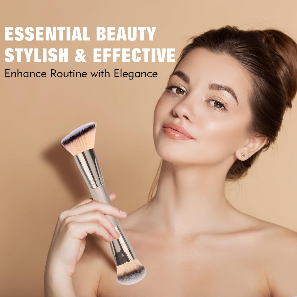 Dual-Ended Foundation Brush: Round & Angled Pro-Grade makeup brushes, 100% Vegan Synthetic Makeup Brush for Flawless Blending and Application of Liquid, Powder, Cream, Blush - TrustMedUSA