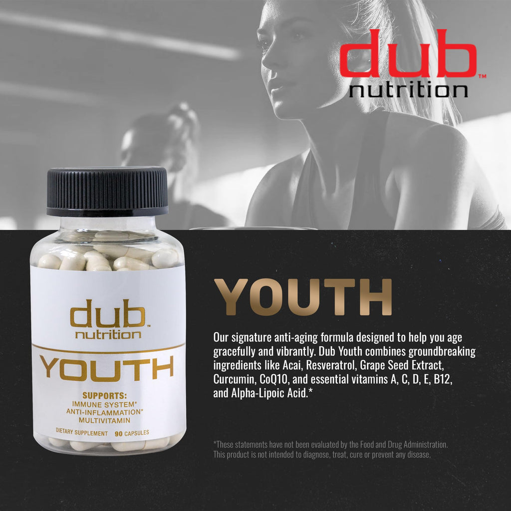 Dub Nutrition Youth - Formula with Acai, Resveratrol, Curcumin, Vitamins A, C, D, E, B12, and CoQ10 - Supports Immunity and Mobility - 90 Capsules - TrustMedUSA
