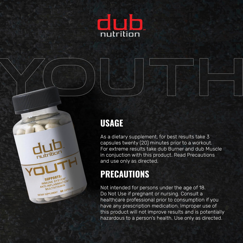 Dub Nutrition Youth - Formula with Acai, Resveratrol, Curcumin, Vitamins A, C, D, E, B12, and CoQ10 - Supports Immunity and Mobility - 90 Capsules - TrustMedUSA