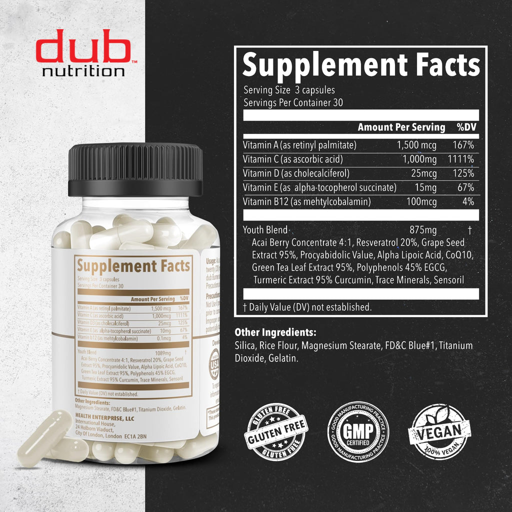 Dub Nutrition Youth - Formula with Acai, Resveratrol, Curcumin, Vitamins A, C, D, E, B12, and CoQ10 - Supports Immunity and Mobility - 90 Capsules - TrustMedUSA