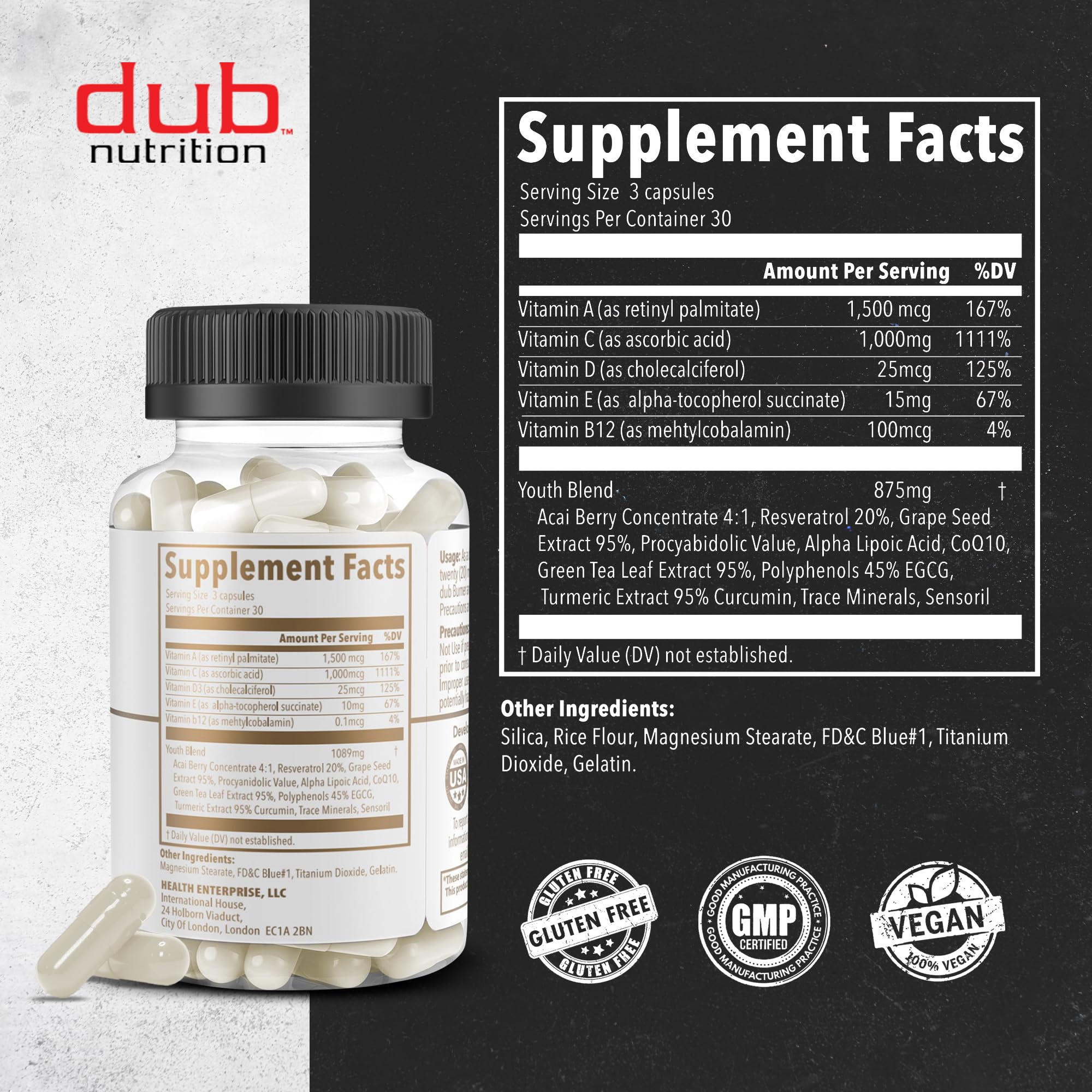 Dub Nutrition Youth - Formula with Acai, Resveratrol, Curcumin, Vitamins A, C, D, E, B12, and CoQ10 - Supports Immunity and Mobility - 90 Capsules - TrustMedUSA