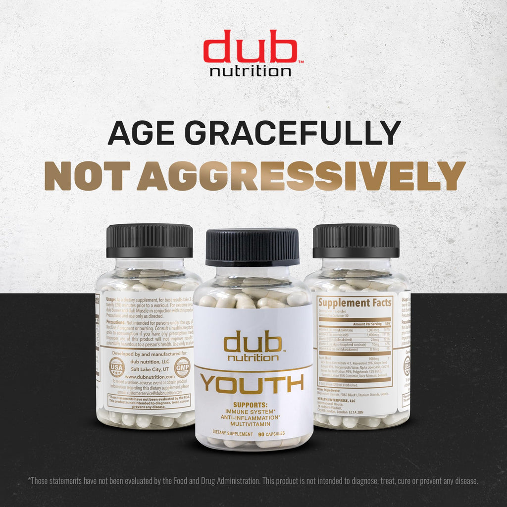 Dub Nutrition Youth - Formula with Acai, Resveratrol, Curcumin, Vitamins A, C, D, E, B12, and CoQ10 - Supports Immunity and Mobility - 90 Capsules - TrustMedUSA