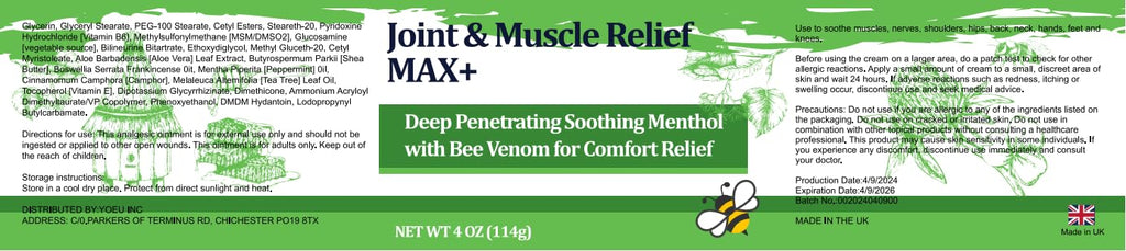 DUBOONAIO Max Energy Bee Venom Cream, Muscle Joint Soothing Cream, Pure Natural, for Back, Neck, Hands, Feet, Shoulder, Leg, Knee, Ankle Care - TrustMedUSA