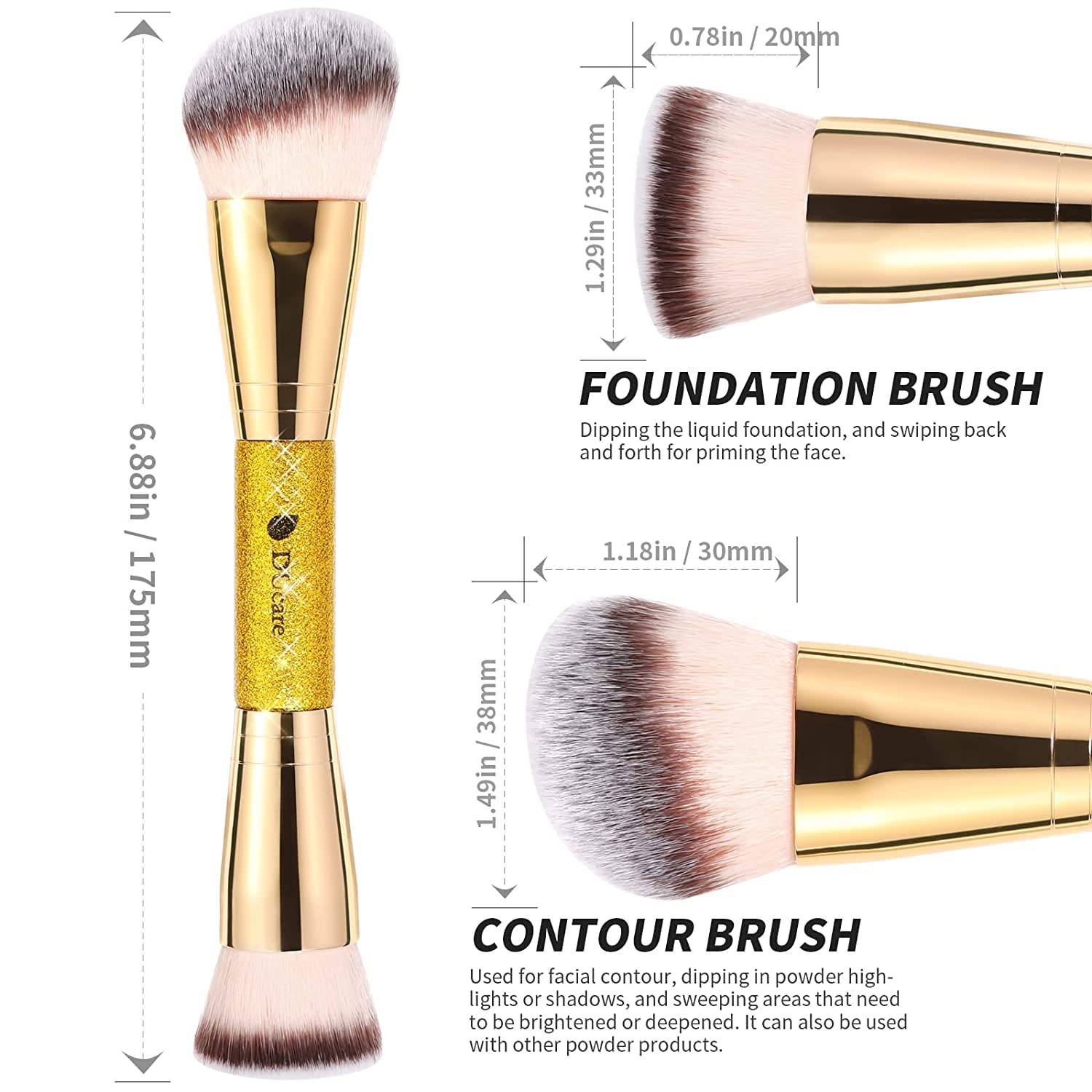 DUcare Dual End Foundation Contour Bronzer Brush, Gold Glitter Handle Double Ended Professional Face Makeup Tool for Liquid Cream Powder - TrustMedUSA