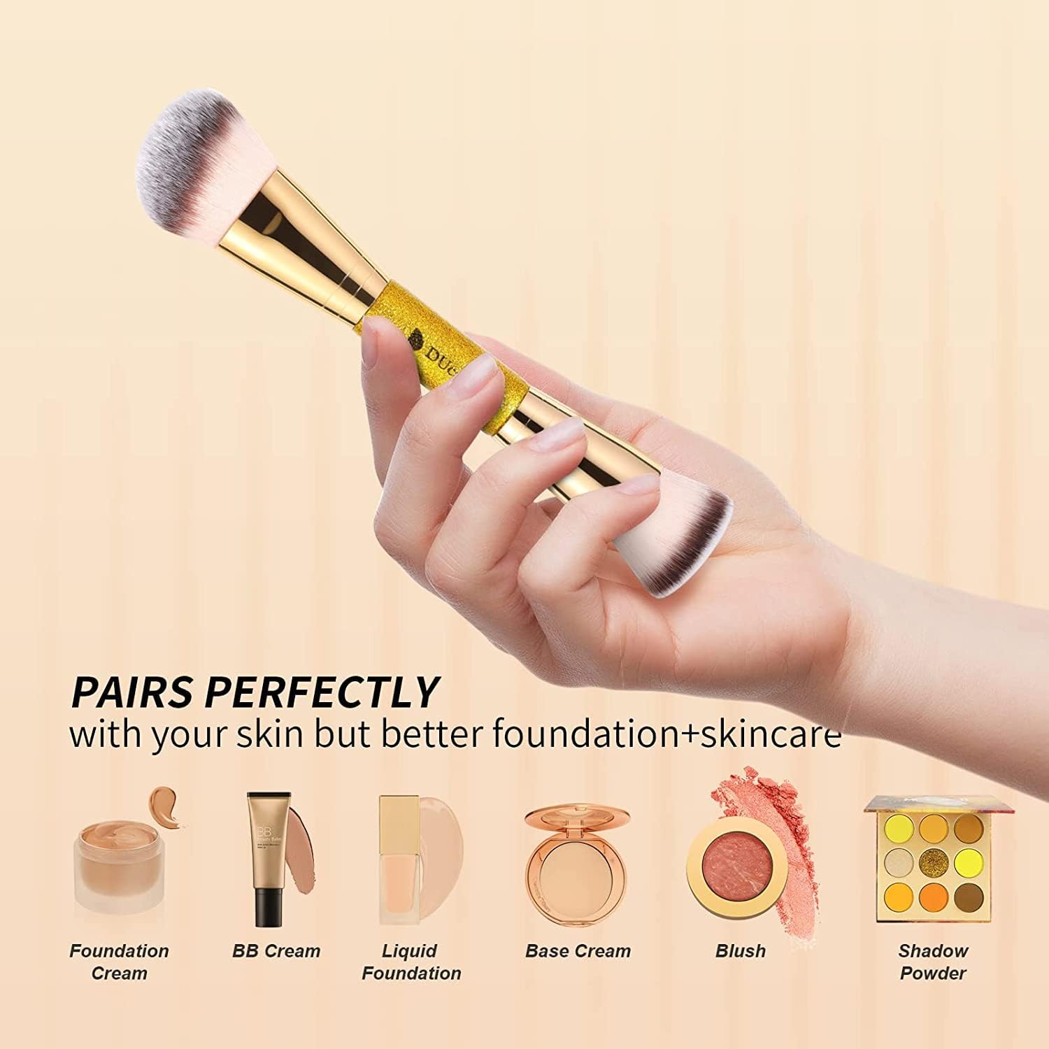 DUcare Dual End Foundation Contour Bronzer Brush, Gold Glitter Handle Double Ended Professional Face Makeup Tool for Liquid Cream Powder - TrustMedUSA