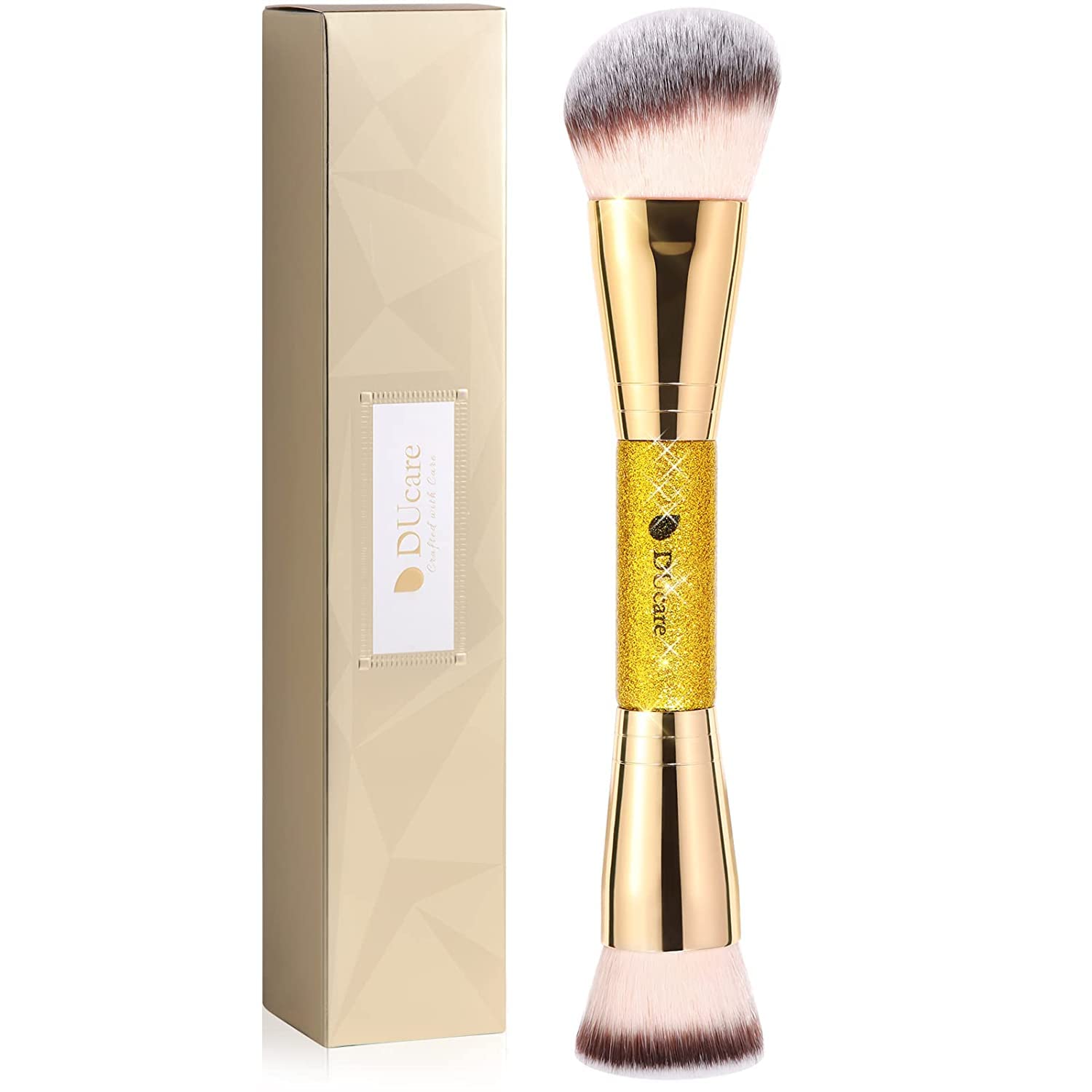 DUcare Dual End Foundation Contour Bronzer Brush, Gold Glitter Handle Double Ended Professional Face Makeup Tool for Liquid Cream Powder - TrustMedUSA