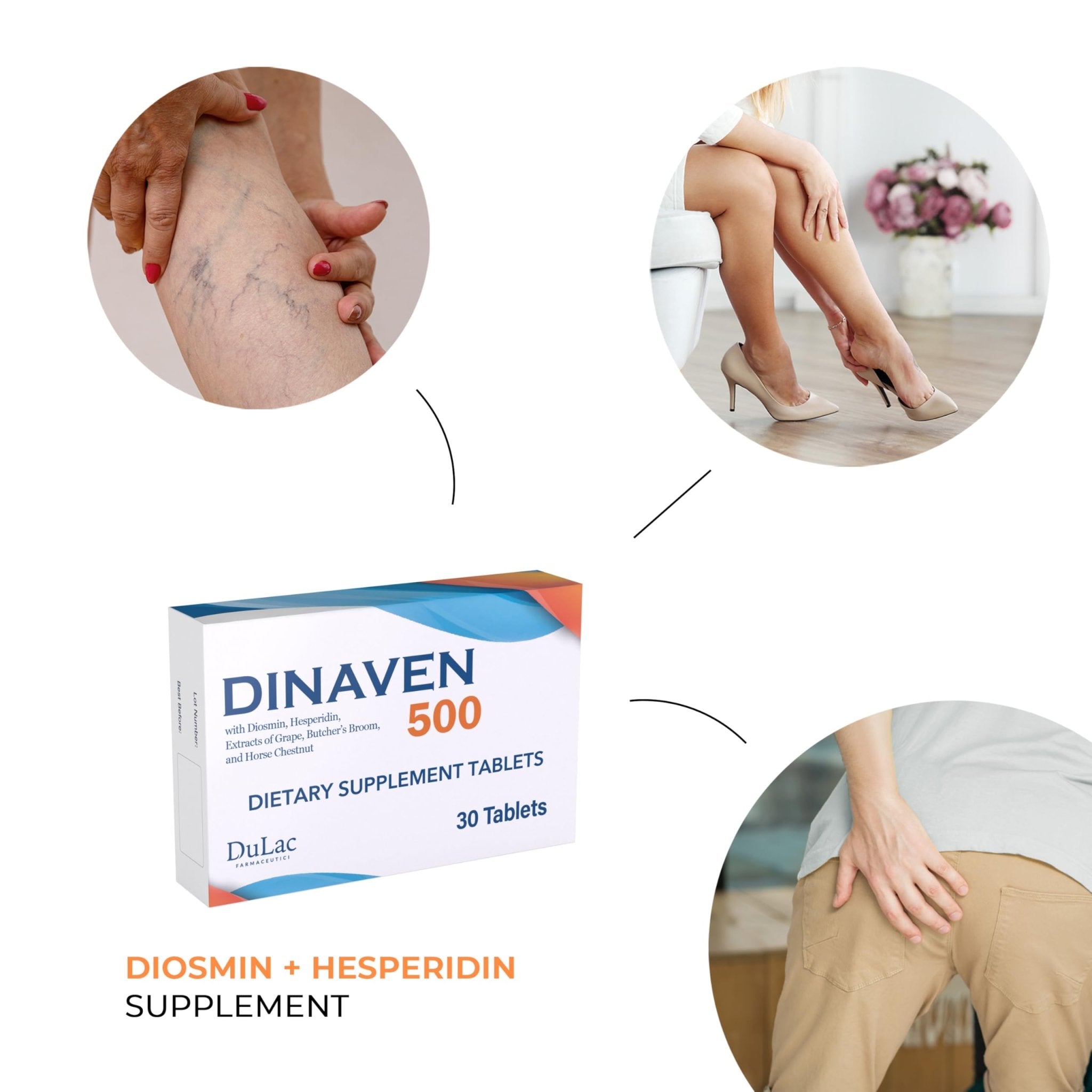 Dulac Dinaven 500, Micronized Diosmin Hesperidin Dietary Supplement 1000mg per serving, Horse Chestnut Extract, Butcher’s Broom & Red Grape Extract, Leg Circulation Support, 30 Tablets, Made in Italy - TrustMedUSA