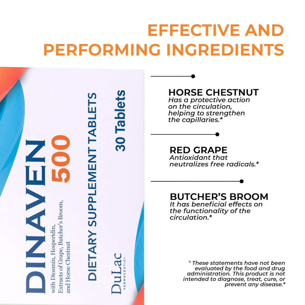 Dulac Dinaven 500, Micronized Diosmin Hesperidin Dietary Supplement 1000mg per serving, Horse Chestnut Extract, Butcher’s Broom & Red Grape Extract, Leg Circulation Support, 30 Tablets, Made in Italy - TrustMedUSA