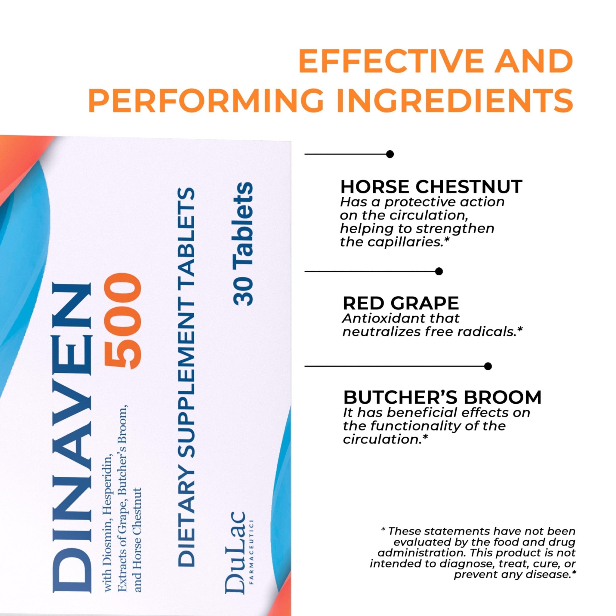 Dulac Dinaven 500, Micronized Diosmin Hesperidin Dietary Supplement 1000mg per serving, Horse Chestnut Extract, Butcher’s Broom & Red Grape Extract, Leg Circulation Support, 30 Tablets, Made in Italy - TrustMedUSA