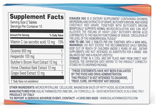 Dulac Dinaven 500, Micronized Diosmin Hesperidin Dietary Supplement 1000mg per serving, Horse Chestnut Extract, Butcher’s Broom & Red Grape Extract, Leg Circulation Support, 30 Tablets, Made in Italy - TrustMedUSA