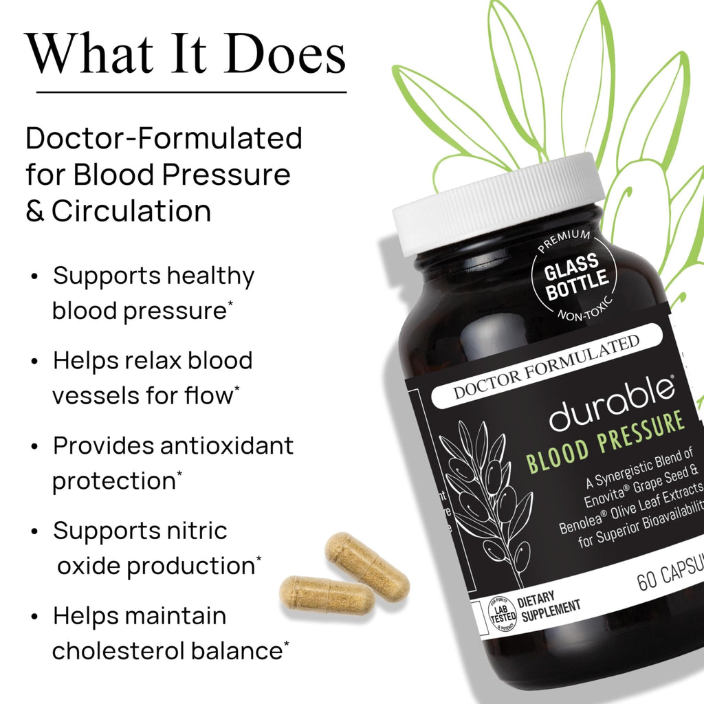 Durable Blood Pressure – Benolea Olive Leaf & Enovita Grape Seed Extract – Healthy Circulation, Nitric Oxide & Artery Support – Doctor Formulated, Vegan, Non-GMO, Made in USA (60 Capsules) - TrustMedUSA