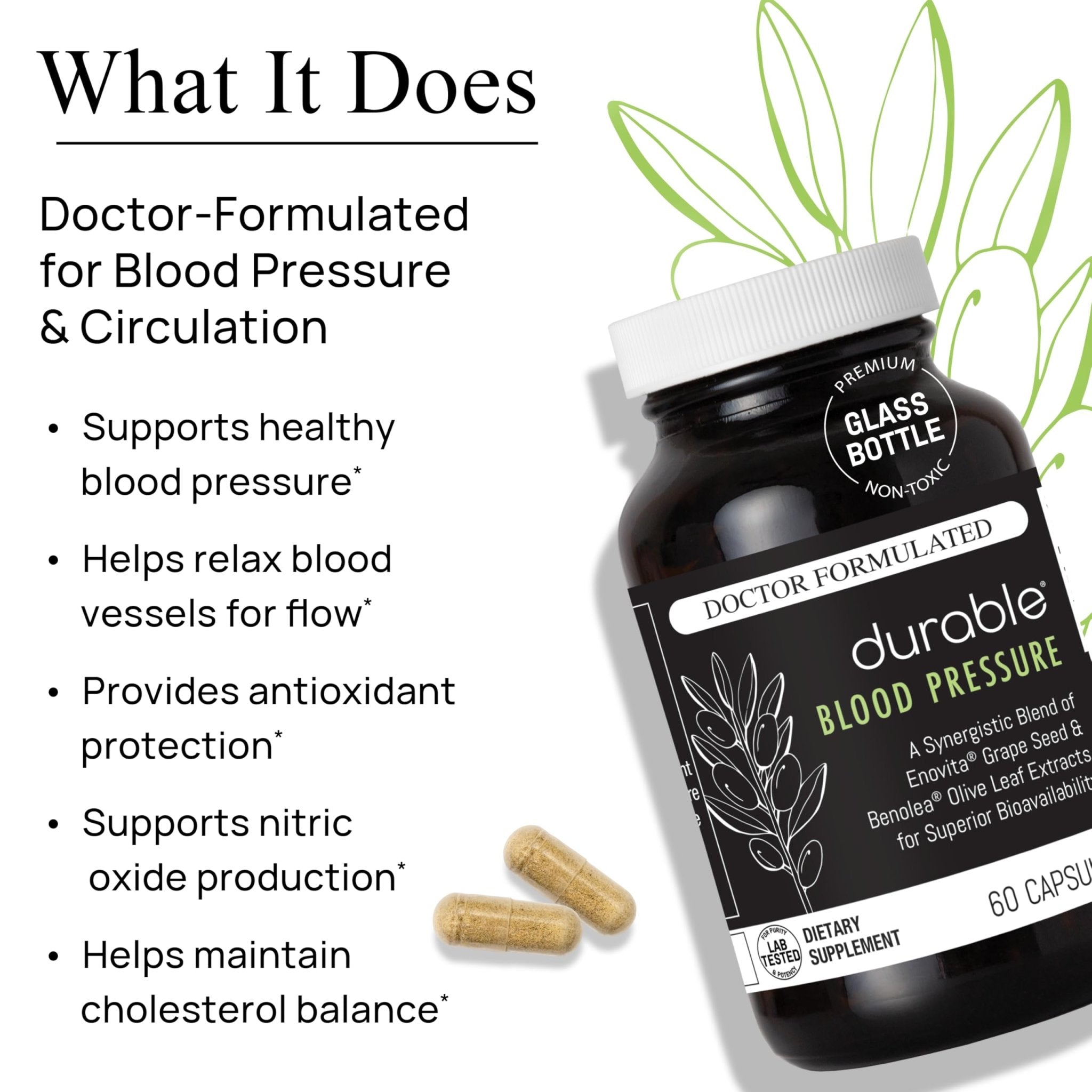 Durable Blood Pressure – Benolea Olive Leaf & Enovita Grape Seed Extract – Healthy Circulation, Nitric Oxide & Artery Support – Doctor Formulated, Vegan, Non-GMO, Made in USA (60 Capsules) - TrustMedUSA