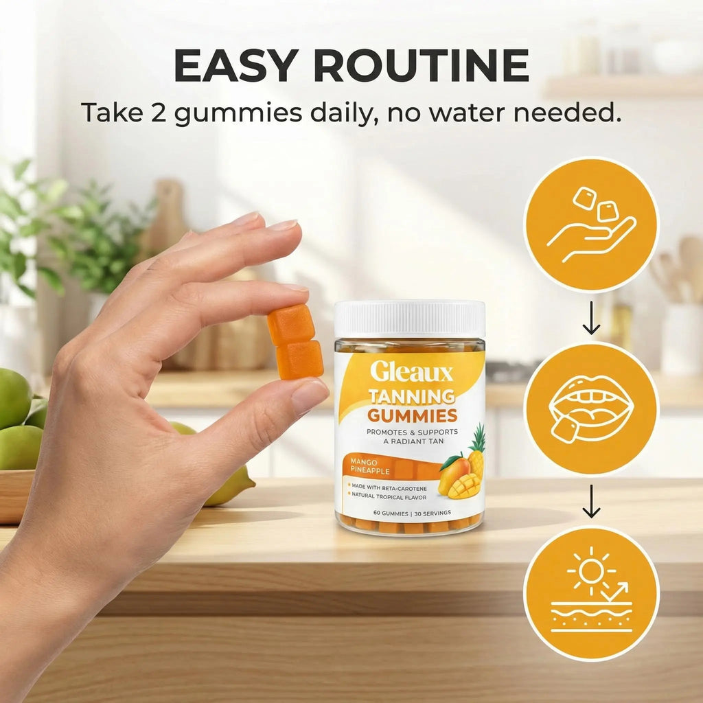 DXWXH Gleaux Tanning Gummies, Tanning Gummies for Women, Sunless Radiance Support with Beta Carotene, Astaxanthin & Lycopene, for Skin Health & Complexion Support, Mango Pineapple Flavor, 60 Gummies - TrustMedUSA