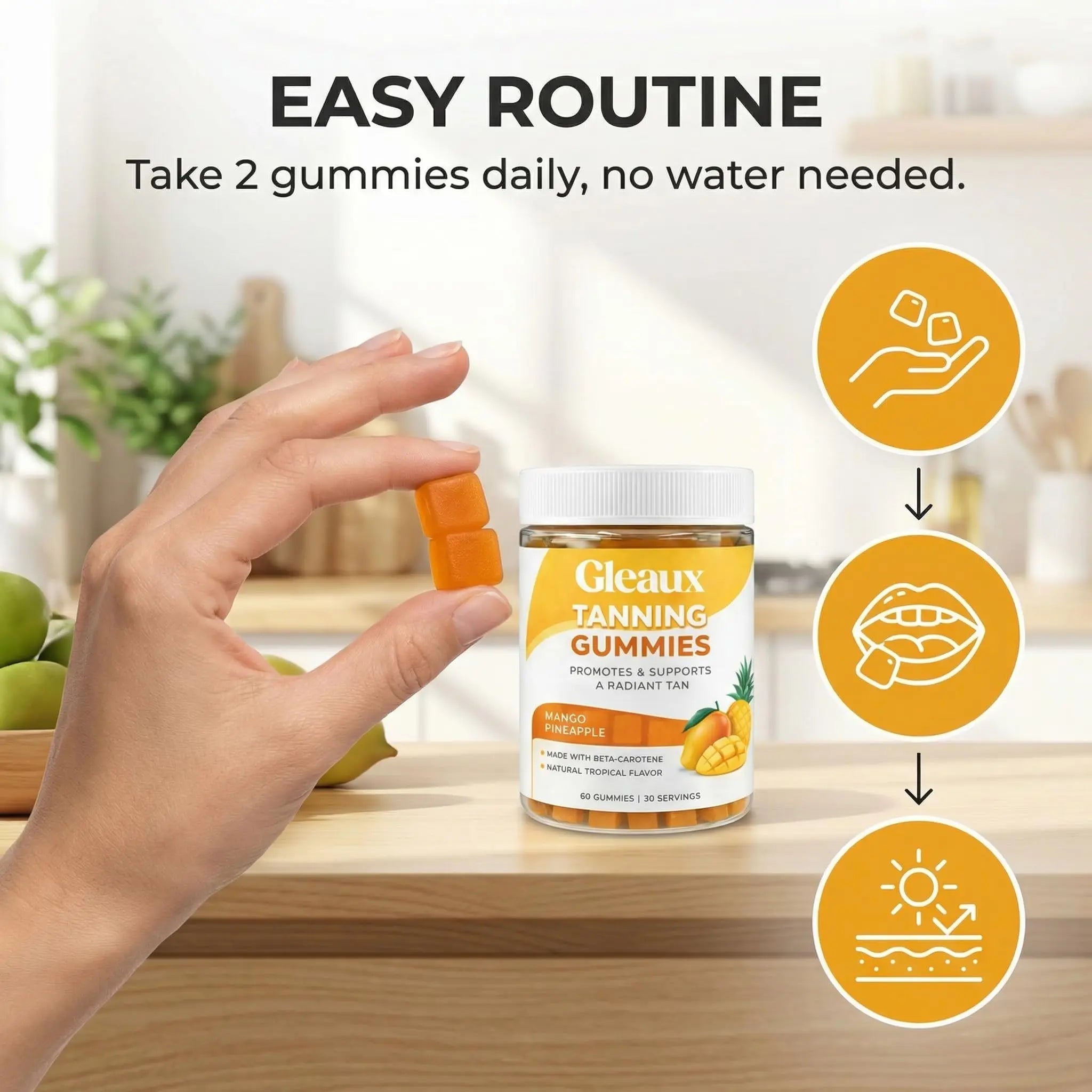 DXWXH Gleaux Tanning Gummies, Tanning Gummies for Women, Sunless Radiance Support with Beta Carotene, Astaxanthin & Lycopene, for Skin Health & Complexion Support, Mango Pineapple Flavor, 60 Gummies - TrustMedUSA