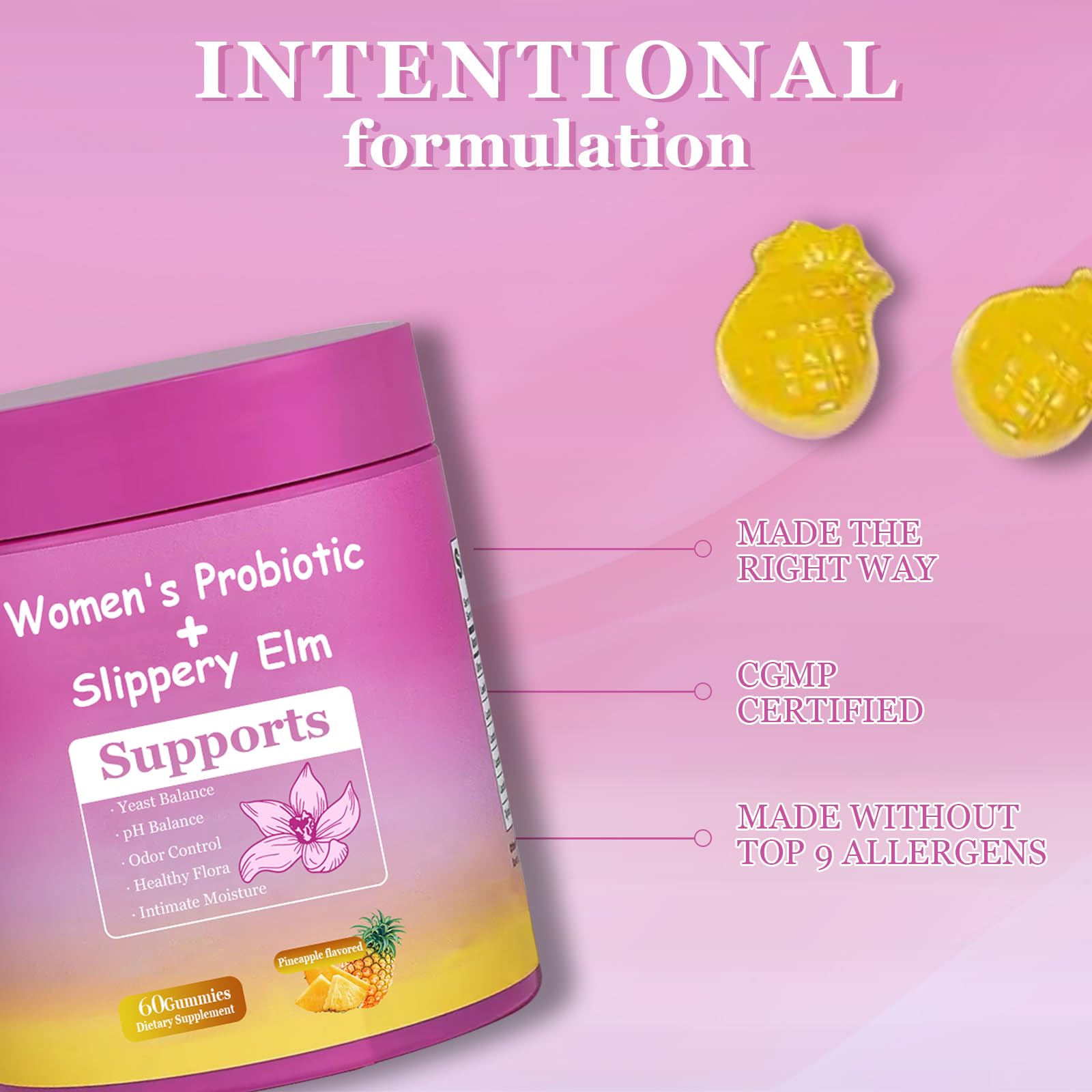 DYALE Her Juicy Feminine Probiotics Gummies for Women | Pineapple Flavor | Supports pH Balance, Gut Health & Immune System | with Slippery Elm, Prebiotics & Lactobacillus Blend | 60 Gummies (2pcs) - TrustMedUSA