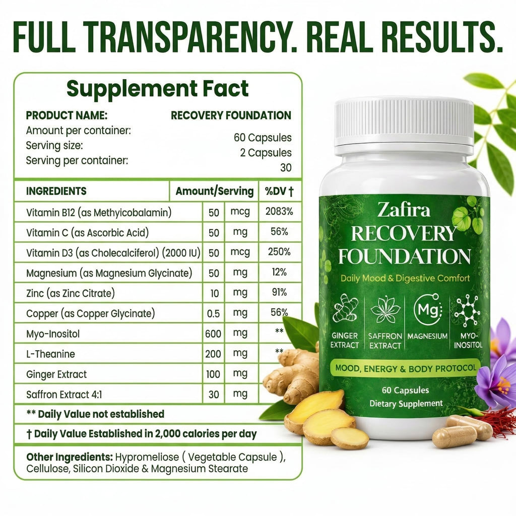 DYDUON Zafira Recovery Foundation Capsules – Mental Clarity, Hair & Mood Support, Natural Herbal Formula with Saffron Extract, Ginger Extract, L-Theanine, Myo-Inositol, Non-GMO, 60 Capsules - TrustMedUSA