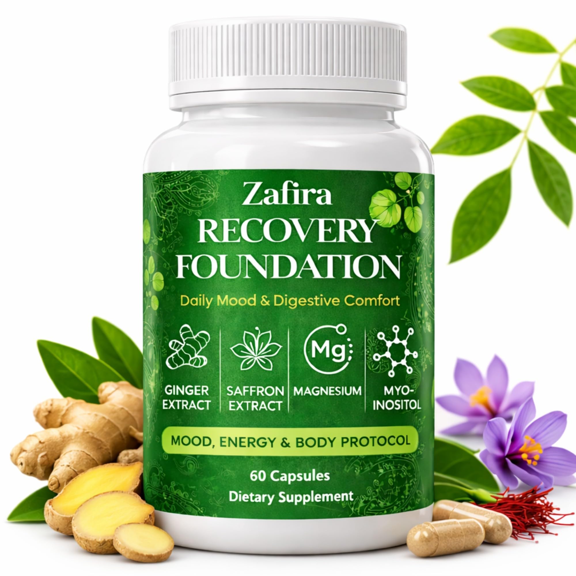DYDUON Zafira Recovery Foundation Capsules – Mental Clarity, Hair & Mood Support, Natural Herbal Formula with Saffron Extract, Ginger Extract, L-Theanine, Myo-Inositol, Non-GMO, 60 Capsules - TrustMedUSA