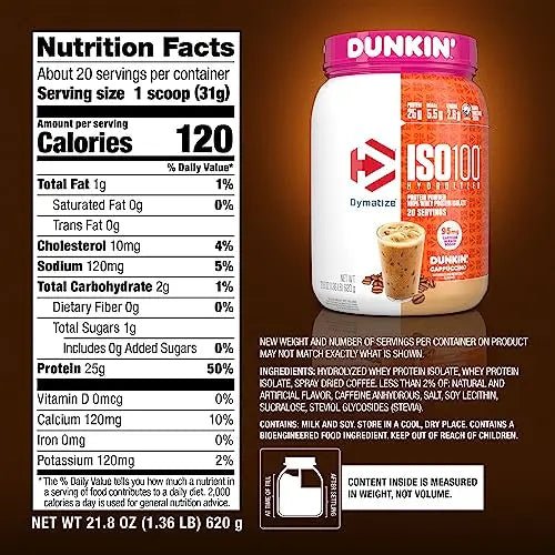 Dymatize ISO100 Hydrolyzed 100% Whey Isolate Protein Powder in Dunkin' Cappuccino - TrustMedUSA