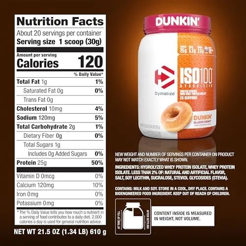 Dymatize ISO100 Hydrolyzed Protein Powder, 100% Whey Isolate, Dunkin' Glazed Donut - TrustMedUSA