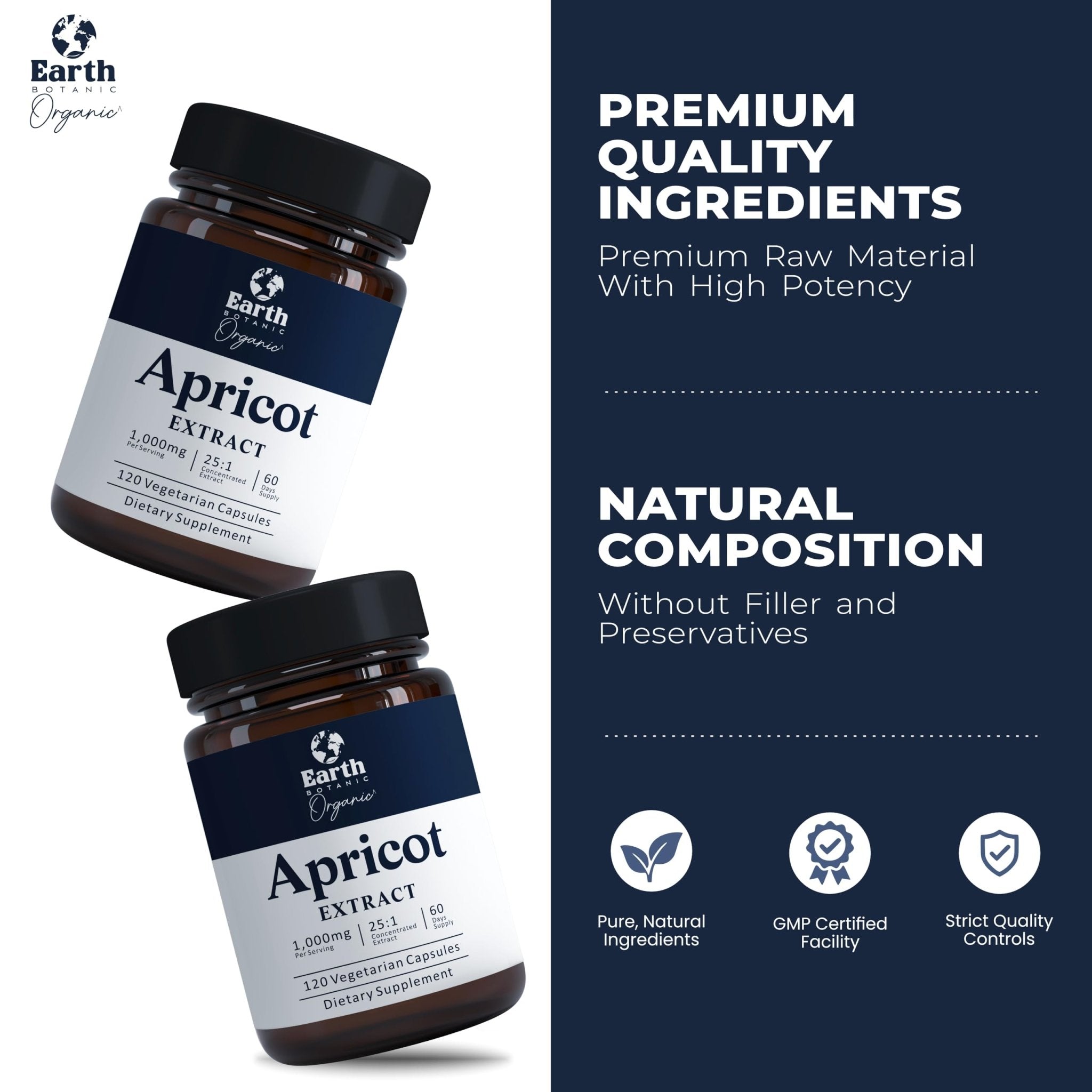 Earth BOTANIC Organic Apricot Extract, 1000 mg 120 Veggie Capsules (Vegan, Non-GMO) Herbal Supplements - TrustMedUSA
