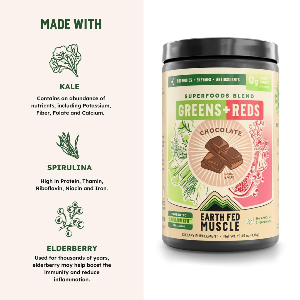 Earth Fed Muscle Chocolate Greens & Reds Superfood Blend - TrustMedUSA