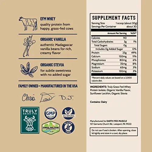 Earth Fed Muscle Whey Back Vanilla Truly Grass Fed Whey 2lb - No Fillers, Flow Agents - TrustMedUSA