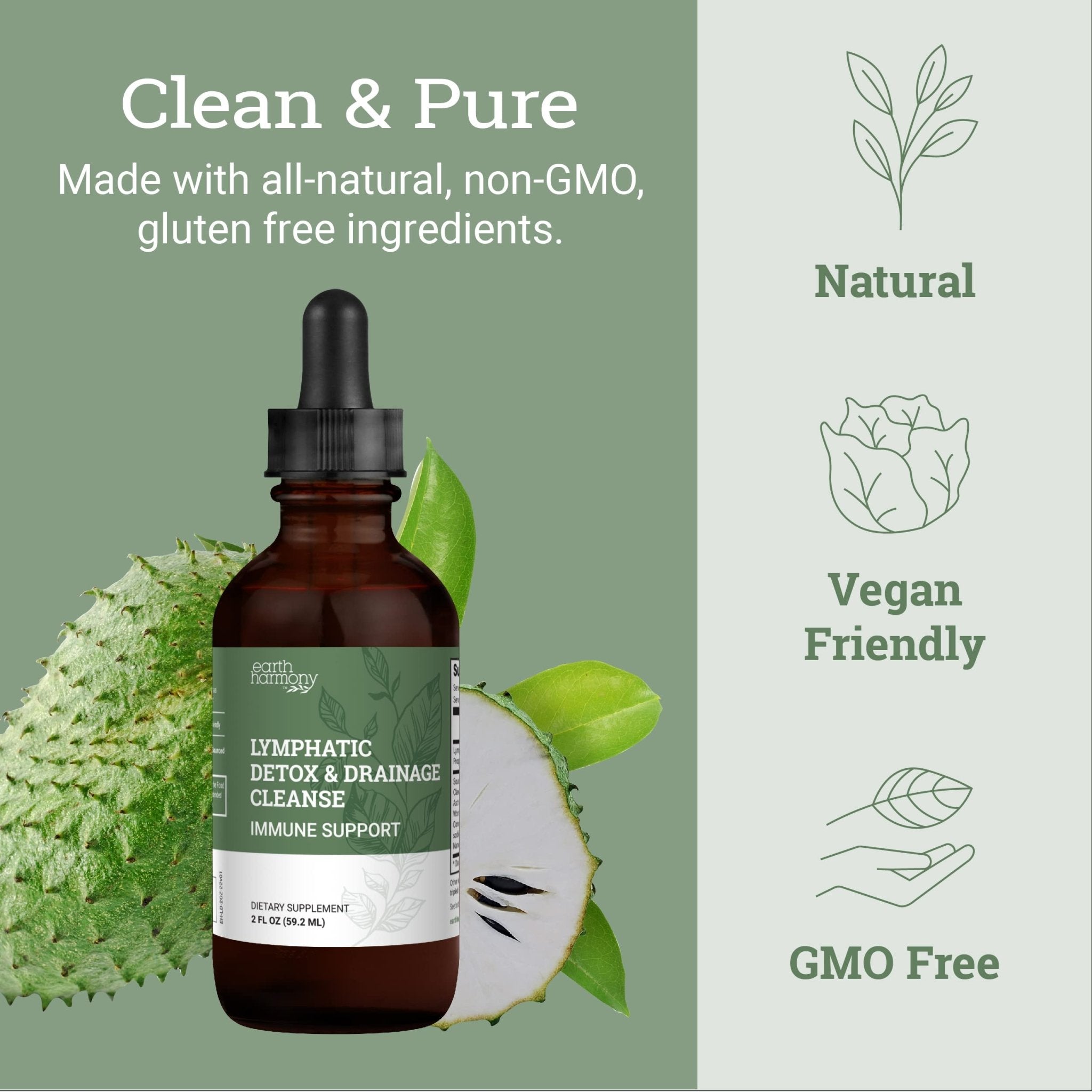 Earth Harmony Lymphatic Drainage Drops, Lymph Detox - Supplement with Soursop, Cat's Claw Bark, Astragalus, Wormwood, Lymph Node Detox, Lymphatic Support Cleanse (2 Oz) - Maple Wellness Supplements