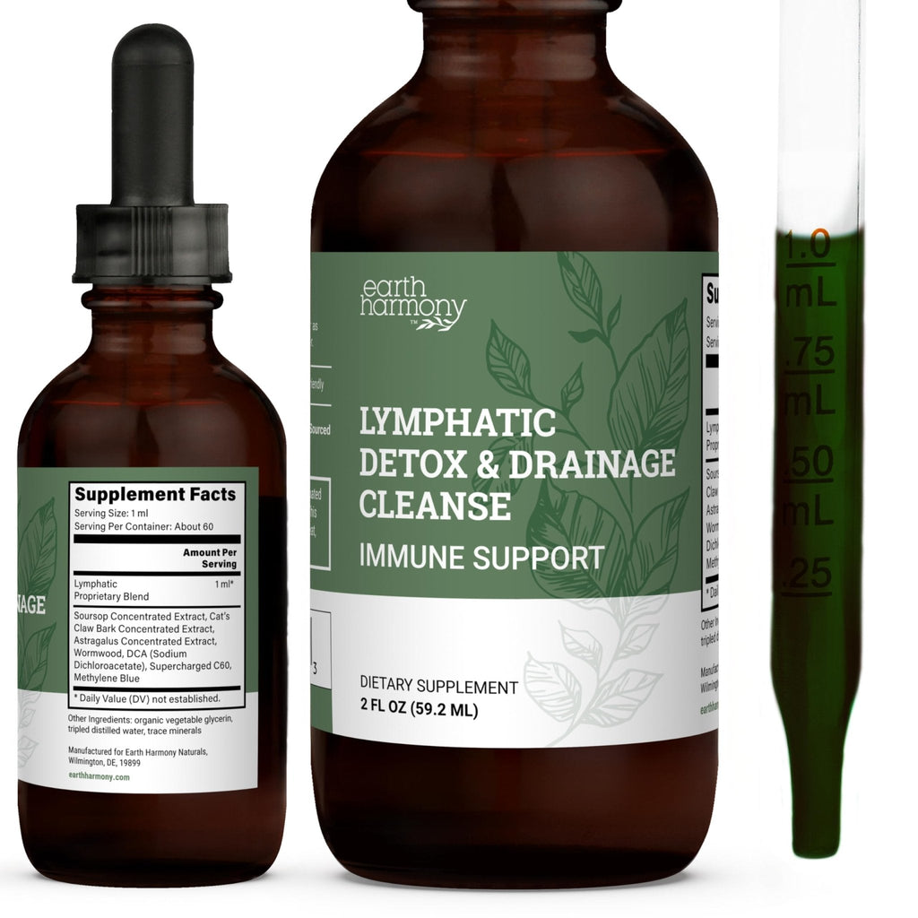 Earth Harmony Lymphatic Drainage Drops, Lymph Detox - Supplement with Soursop, Cat's Claw Bark, Astragalus, Wormwood, Lymph Node Detox, Lymphatic Support Cleanse (2 Oz) - Maple Wellness Supplements