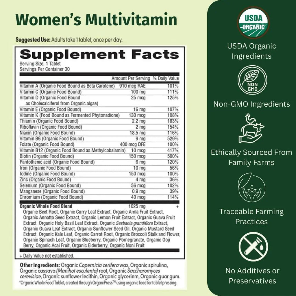 EarthFirst Organic Women’s Multi Once Daily, Women's Multivitamin, Iron, Vitamin B12 & More, 19 Vitamins from Herbs & Superfoods, 30 Count - TrustMedUSA