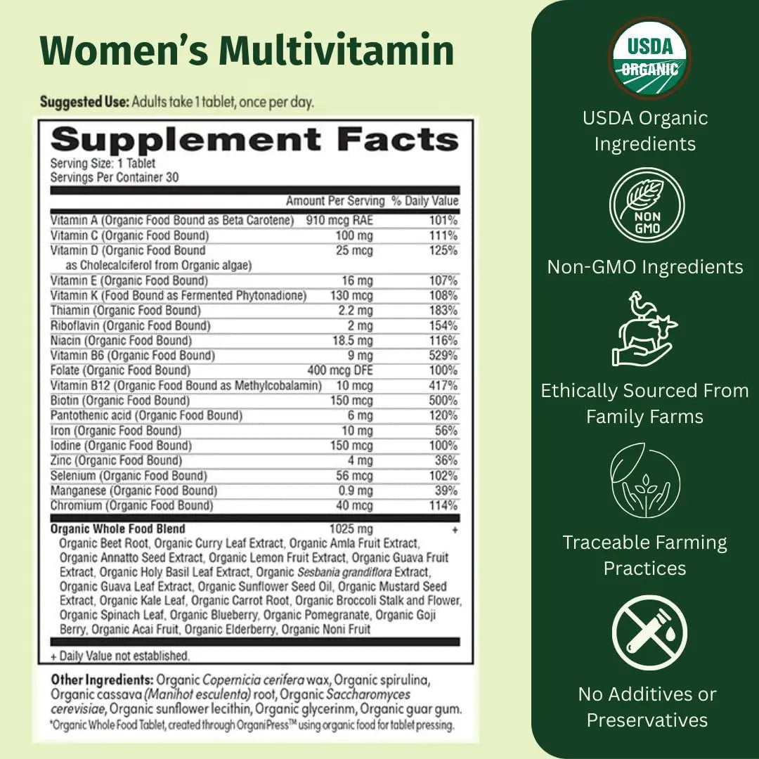 EarthFirst Organic Women’s Multi Once Daily, Women's Multivitamin, Iron, Vitamin B12 & More, 19 Vitamins from Herbs & Superfoods, 30 Count - TrustMedUSA