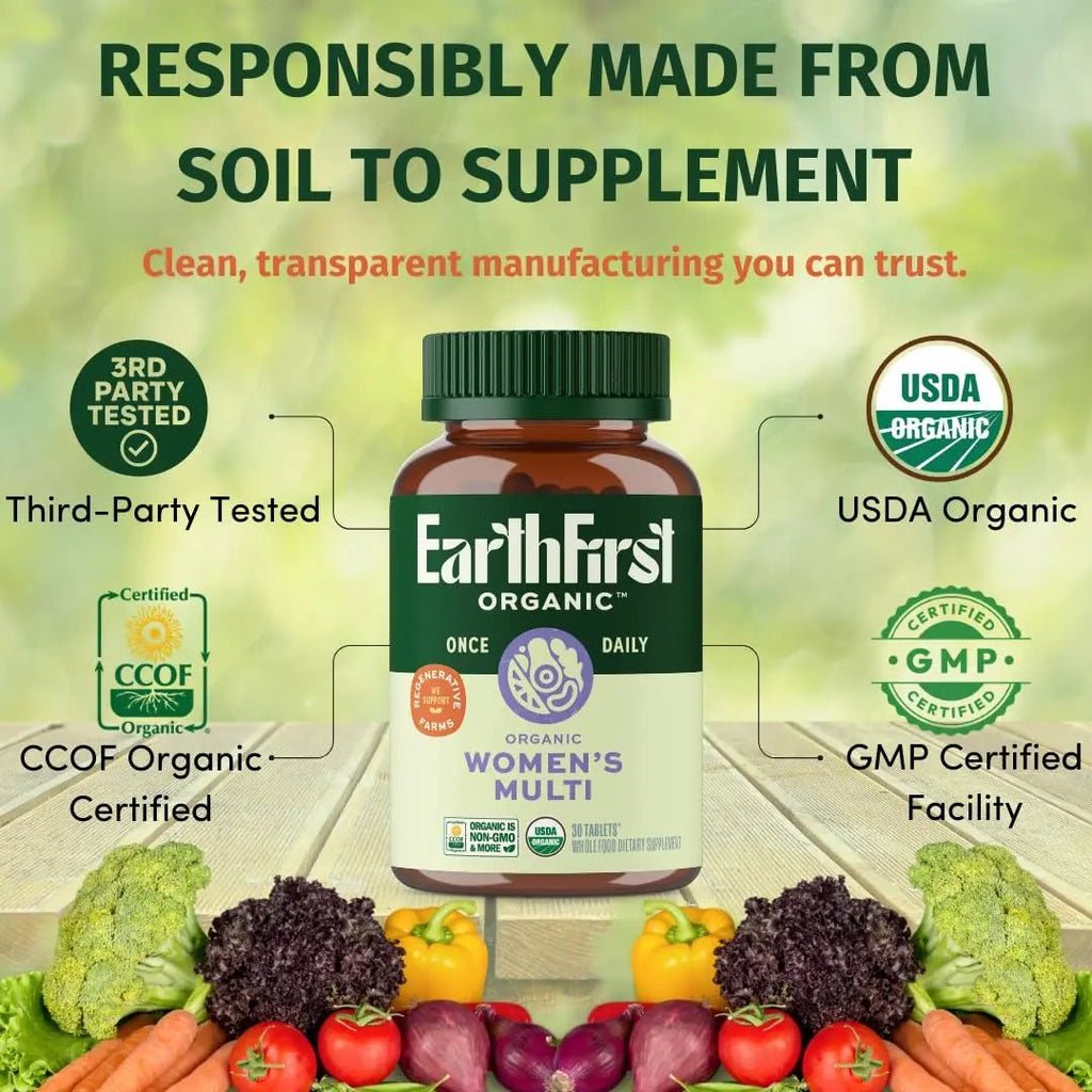 EarthFirst Organic Women’s Multi Once Daily, Women's Multivitamin, Iron, Vitamin B12 & More, 19 Vitamins from Herbs & Superfoods, 30 Count - TrustMedUSA