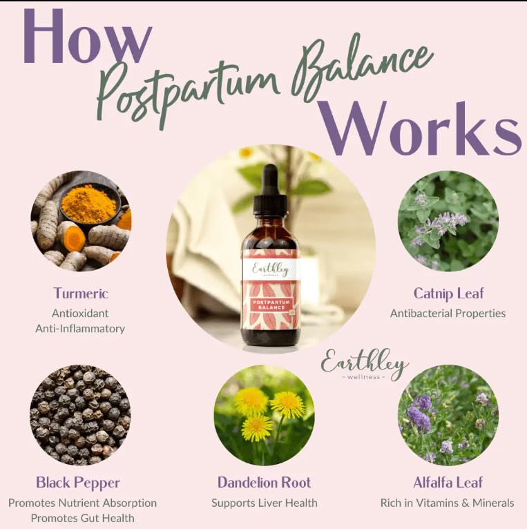 Earthley Wellness Postpartum Balance, Supports and Balances Female Hormones, Supports Postpartum Recovery, Smooths Out Mood Swings, Essential Herbs Like Dandelion Root, Catnip, & Alfalfa (2oz) - TrustMedUSA