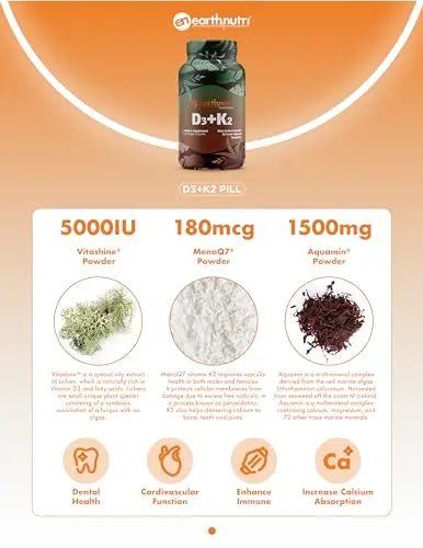 EarthNutri D3 + K2 Bone & Heart Health - 72 Trace Minerals, Vitamin D3 Vitashine, MENA - TrustMedUSA