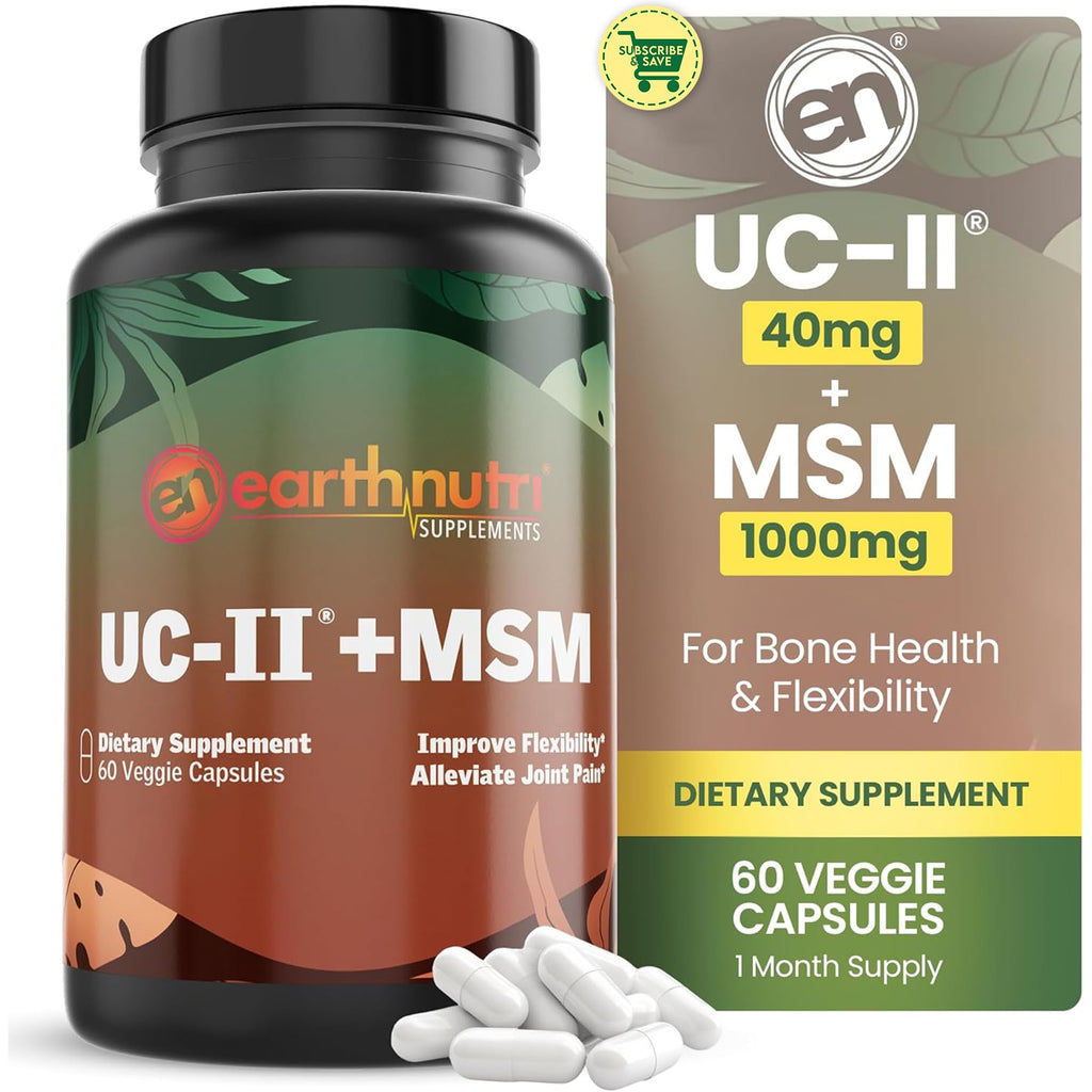 EarthNutri UC-II Collagen & MSM Supplement for Bone Health and Joint Flexibility Joint Supplement - 40mg UC-II Providing 10mg Total Collagen & 1000mg MSM - 60 Capsules (2 Caps Daily) - TrustMedUSA