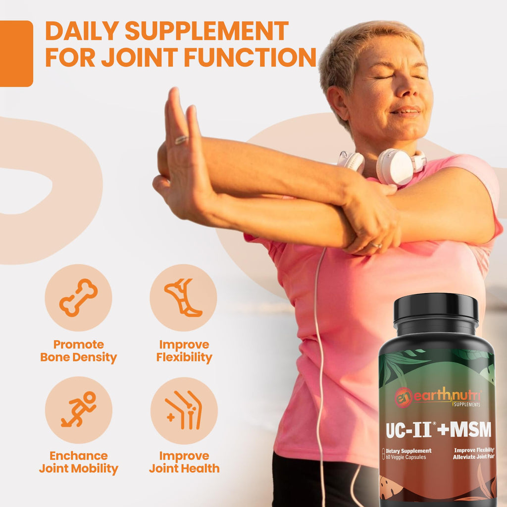 EarthNutri UC-II Collagen & MSM Supplement for Bone Health and Joint Flexibility Joint Supplement - 40mg UC-II Providing 10mg Total Collagen & 1000mg MSM - 60 Capsules (2 Caps Daily) - TrustMedUSA