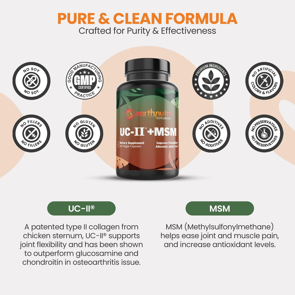 EarthNutri UC-II Collagen & MSM Supplement for Bone Health and Joint Flexibility Joint Supplement - 40mg UC-II Providing 10mg Total Collagen & 1000mg MSM - 60 Capsules (2 Caps Daily) - TrustMedUSA