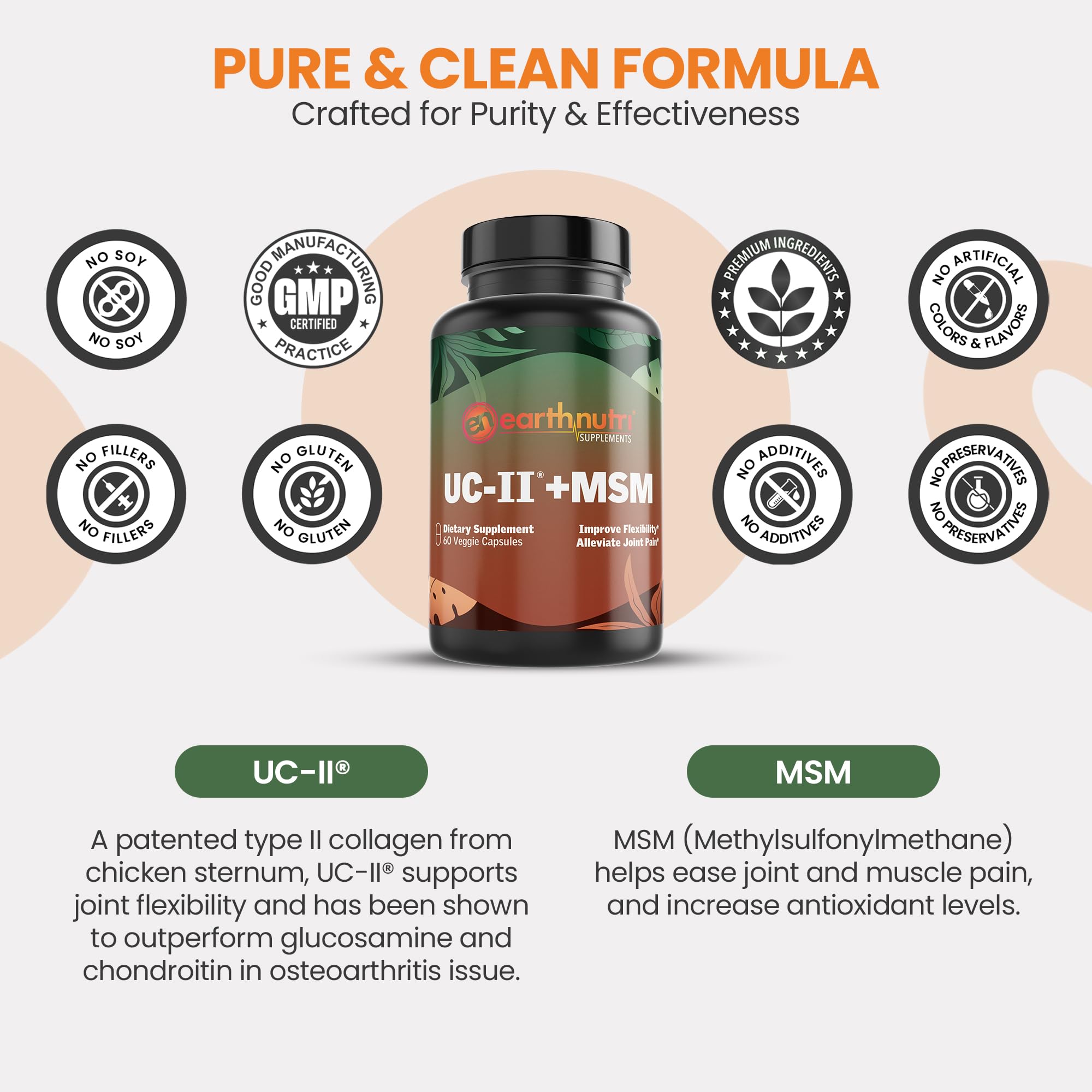 EarthNutri UC-II Collagen & MSM Supplement for Bone Health and Joint Flexibility Joint Supplement - 40mg UC-II Providing 10mg Total Collagen & 1000mg MSM - 60 Capsules (2 Caps Daily) - TrustMedUSA