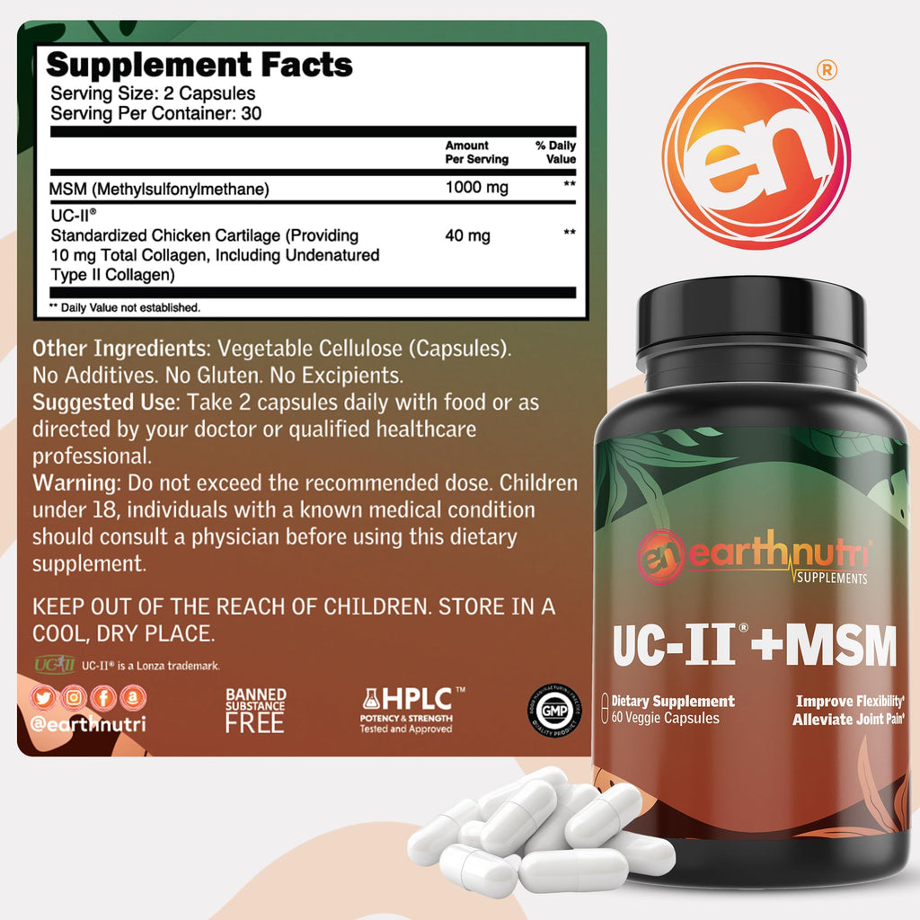 EarthNutri UC-II Collagen & MSM Supplement for Bone Health and Joint Flexibility Joint Supplement - 40mg UC-II Providing 10mg Total Collagen & 1000mg MSM - 60 Capsules (2 Caps Daily) - TrustMedUSA