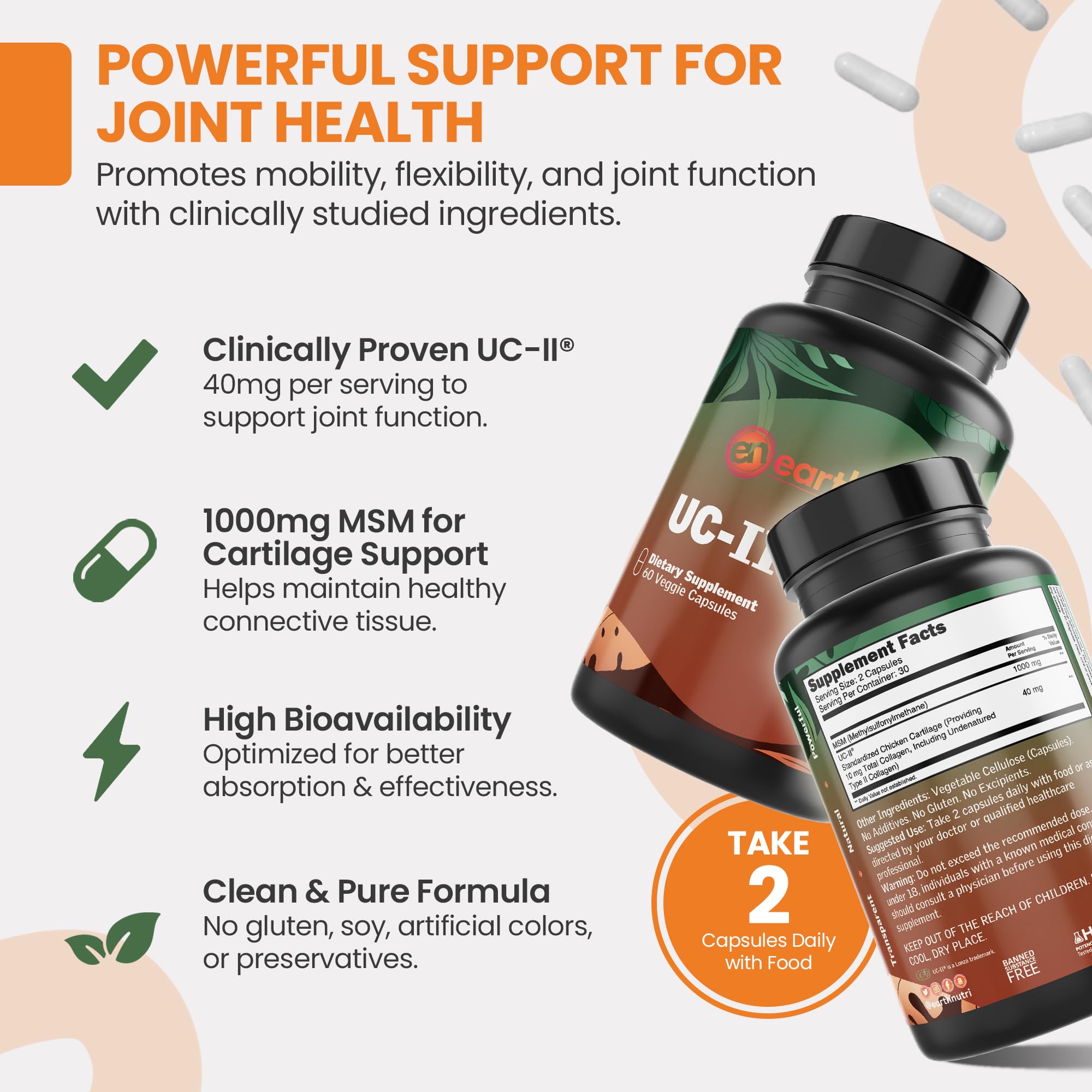 EarthNutri UC-II Collagen & MSM Supplement for Bone Health and Joint Flexibility Joint Supplement - 40mg UC-II Providing 10mg Total Collagen & 1000mg MSM - 60 Capsules (2 Caps Daily) - TrustMedUSA