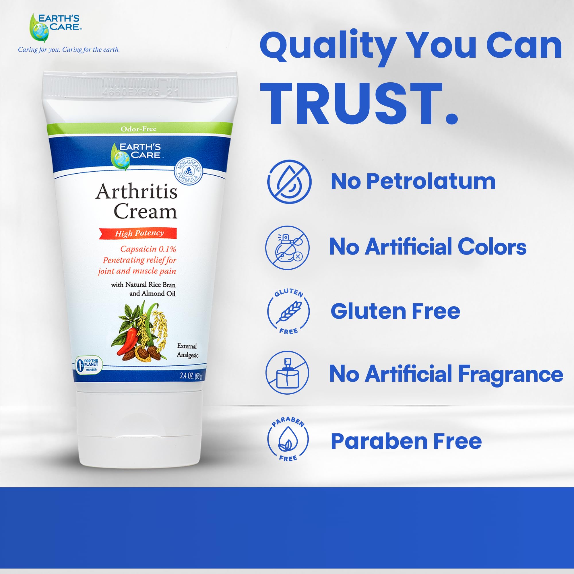Earth's Care Arthritis Cream - Joint Cream with Natural Capsaicin - Topical Analgesic 2.4 OZ (Pack of 2) - TrustMedUSA