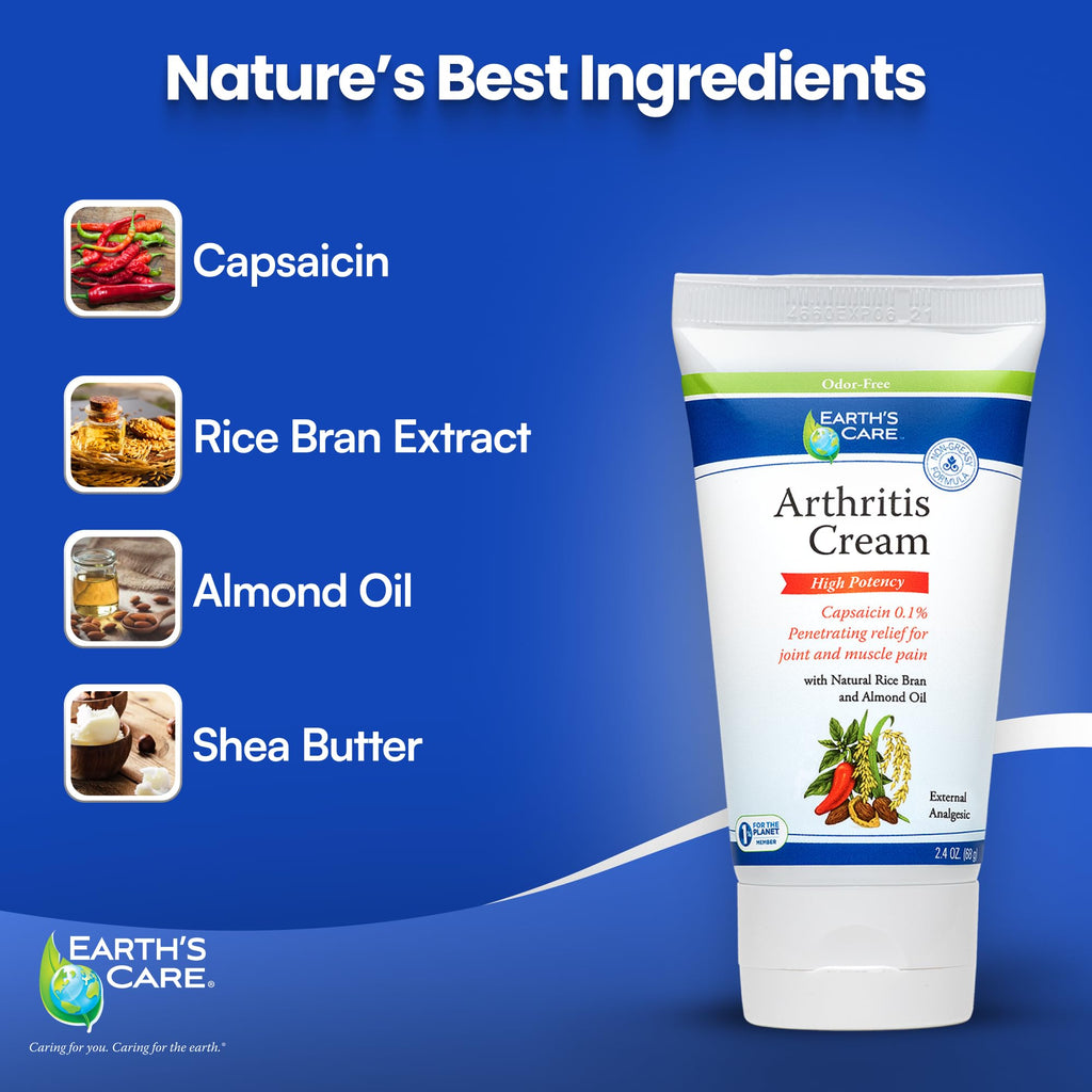 Earth's Care Arthritis Cream - Joint Cream with Natural Capsaicin - Topical Analgesic 2.4 OZ (Pack of 2) - TrustMedUSA