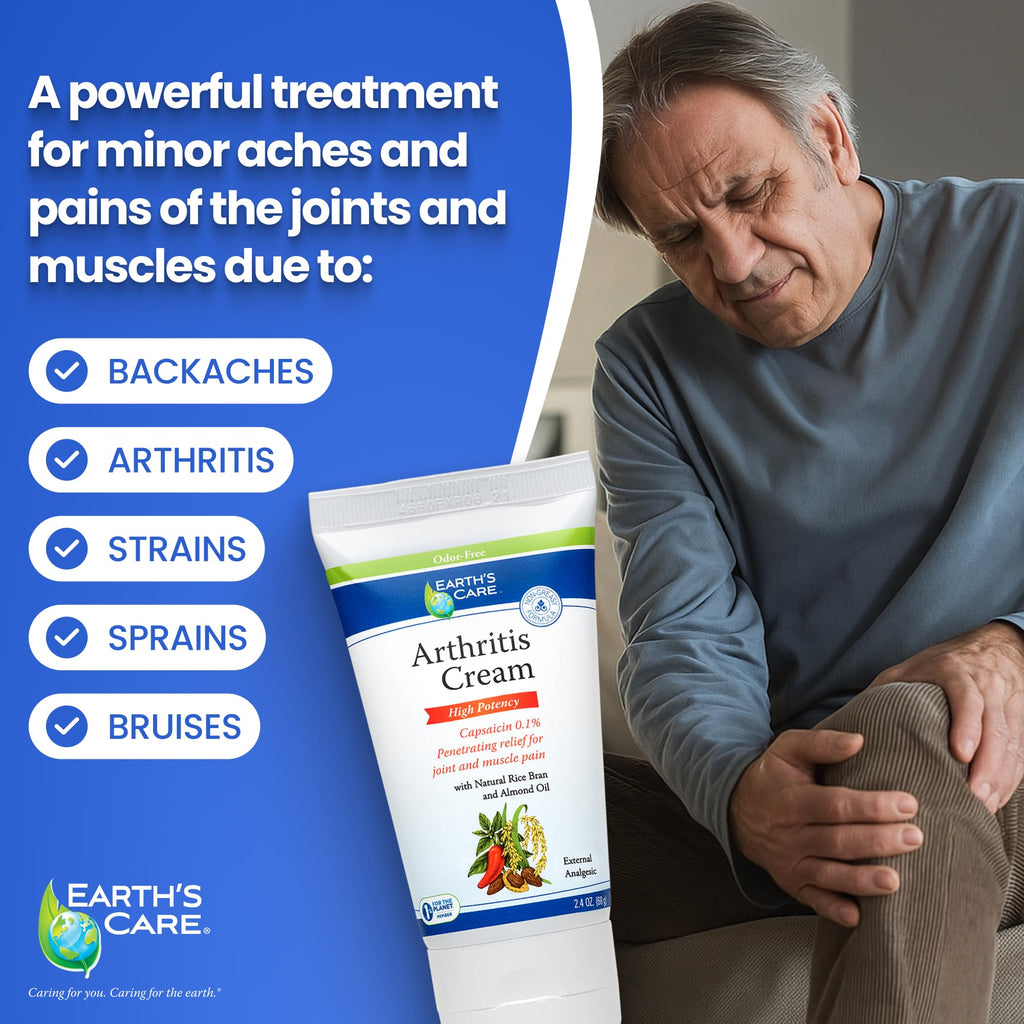 Earth's Care Arthritis Cream - Joint Cream with Natural Capsaicin - Topical Analgesic 2.4 OZ (Pack of 2) - TrustMedUSA