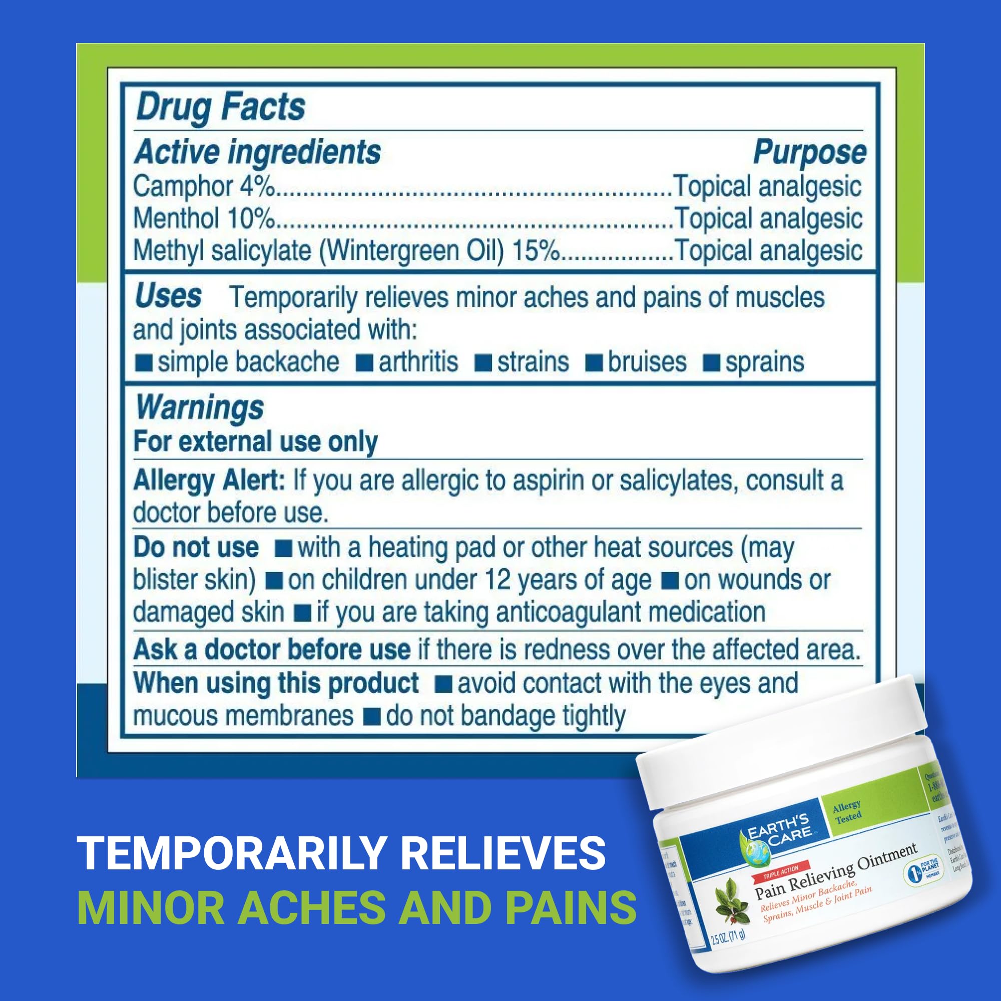 Earth's Care Pain Relieving Ointment - Triple Action Muscle and Joint Pain Relief Cream - Topical Analgesic 2.5 oz (3 Jars) - TrustMedUSA